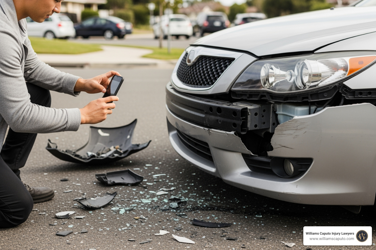 person taking photos of car damage with a smartphone - boulder personal injury attorney
