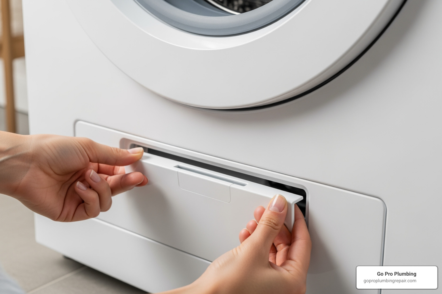 person opening the small access panel on a front-load washer - clean out washer drain