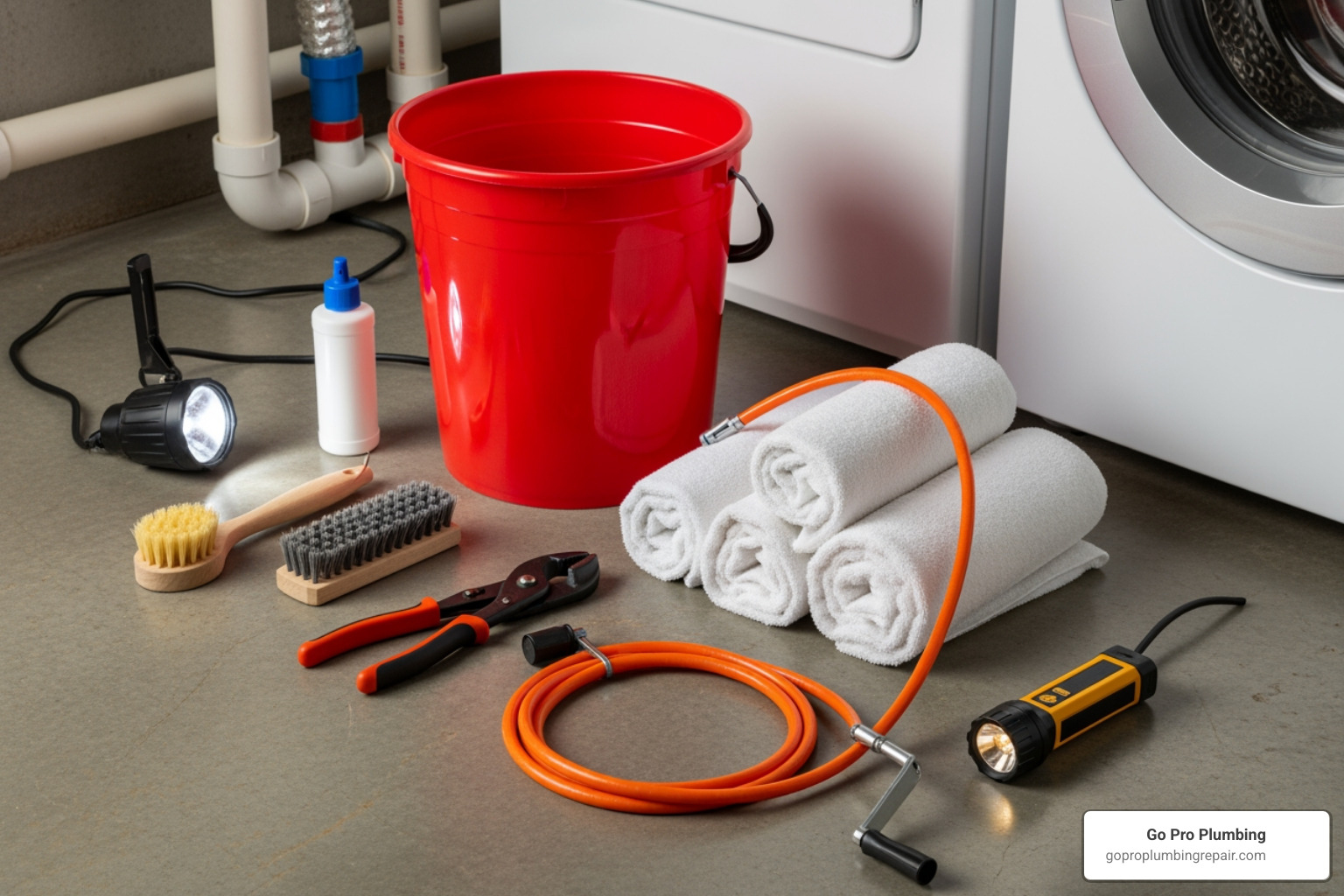 tools needed for cleaning a washer drain, like a bucket, towels, pliers, and a drain snake - clean out washer drain