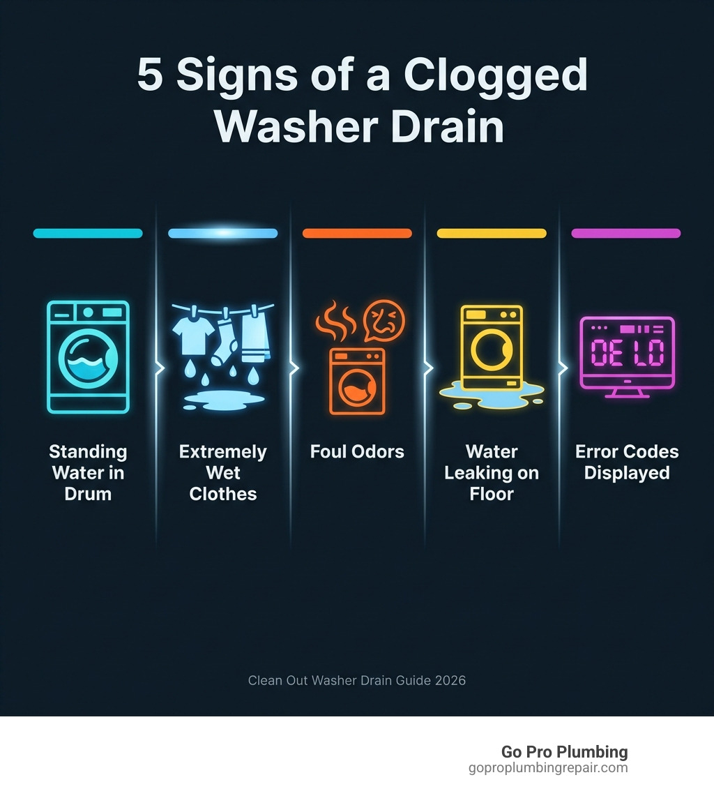 Infographic showing the five main signs of a clogged washing machine drain: standing water in the drum after a cycle, clothes that are extremely wet after spinning, foul odors from the machine, water leaking onto the floor, and error codes displaying on the control panel - clean out washer drain infographic 