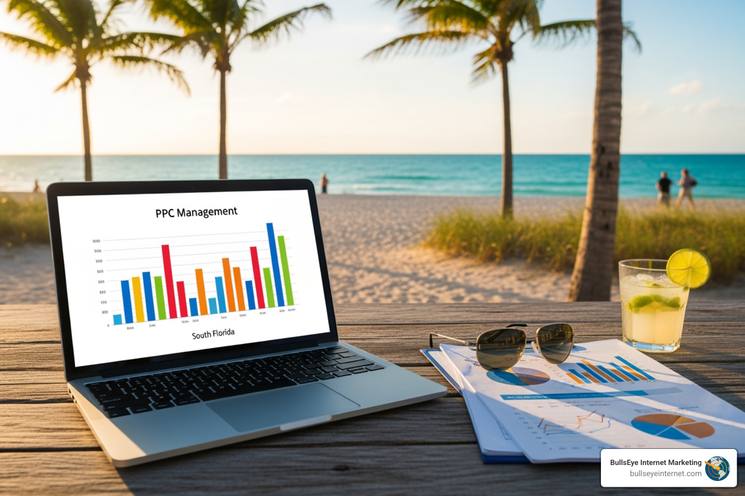 Dashboard showing campaign analytics - PPC management South Florida Laptop displaying PPC Management graphs for South Florida, with a beach setting, sunglasses, and a cocktail on a wooden table, emphasizing digital marketing strategies and performance analysis.