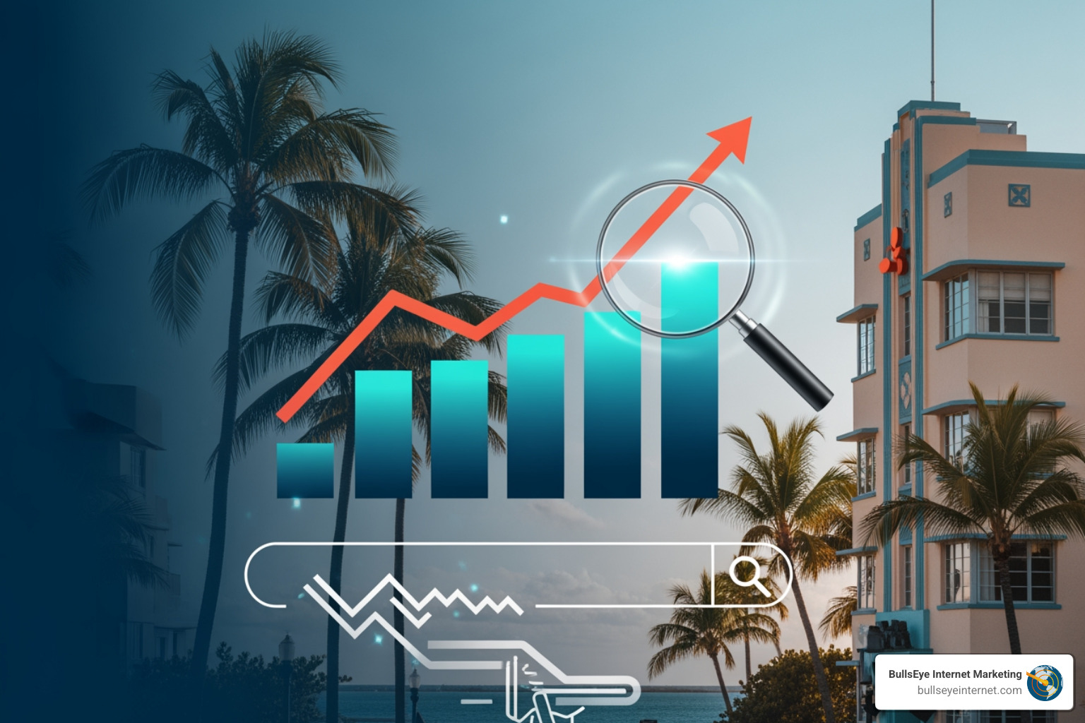 Graph showing upward trends in leads and sales - PPC management South Florida Graph illustrating growth trends in PPC management, with palm trees and a building in South Florida, symbolizing local advertising strategies by BullsEye Internet Marketing.