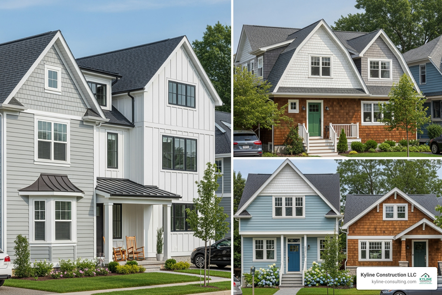 Image showcasing different siding styles like lap, board & batten, and shake on various homes