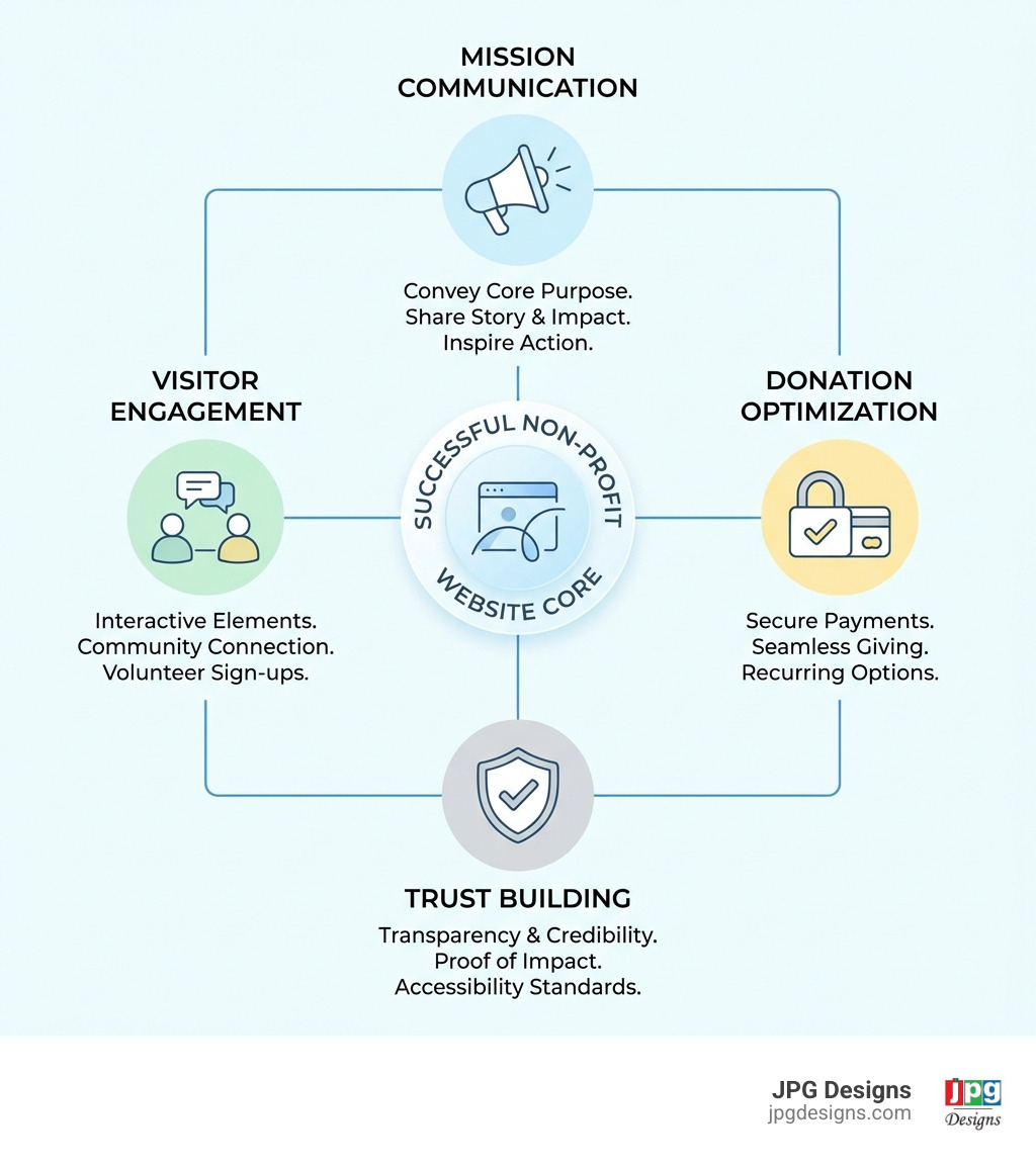Infographic showing the four key pillars of successful non-profit websites: Mission Communication at the top showing a megaphone icon, Visitor Engagement in the left showing people connecting, Donation Optimization on the right showing a secure payment symbol, and Trust Building at the bottom showing a shield with checkmark - web development non profit infographic Infographic showing the four key pillars of successful non-profit websites: Mission Communication at the top showing a megaphone icon, Visitor Engagement in the left showing people connecting, Donation Optimization on the right showing a secure payment symbol, and Trust Building at the bottom showing a shield with checkmark - web development non profit infographic