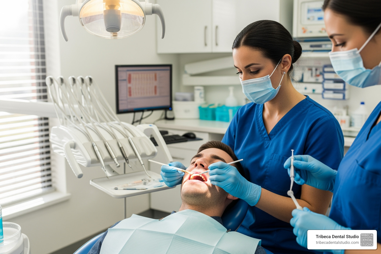 dentist applying fluoride varnish to a patient's teeth - fluoride treatment Tribeca dentist applying fluoride varnish to a patient's teeth - fluoride treatment Tribeca
