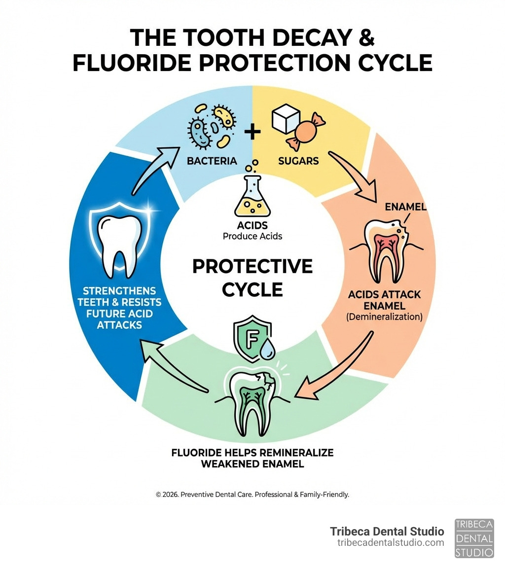 Infographic showing the tooth decay cycle: bacteria produce acids from sugars, acids attack enamel causing demineralization, fluoride helps remineralize weakened enamel and strengthens teeth to resist future acid attacks, completing the protective cycle - fluoride treatment Tribeca infographic Infographic showing the tooth decay cycle: bacteria produce acids from sugars, acids attack enamel causing demineralization, fluoride helps remineralize weakened enamel and strengthens teeth to resist future acid attacks, completing the protective cycle - fluoride treatment Tribeca infographic