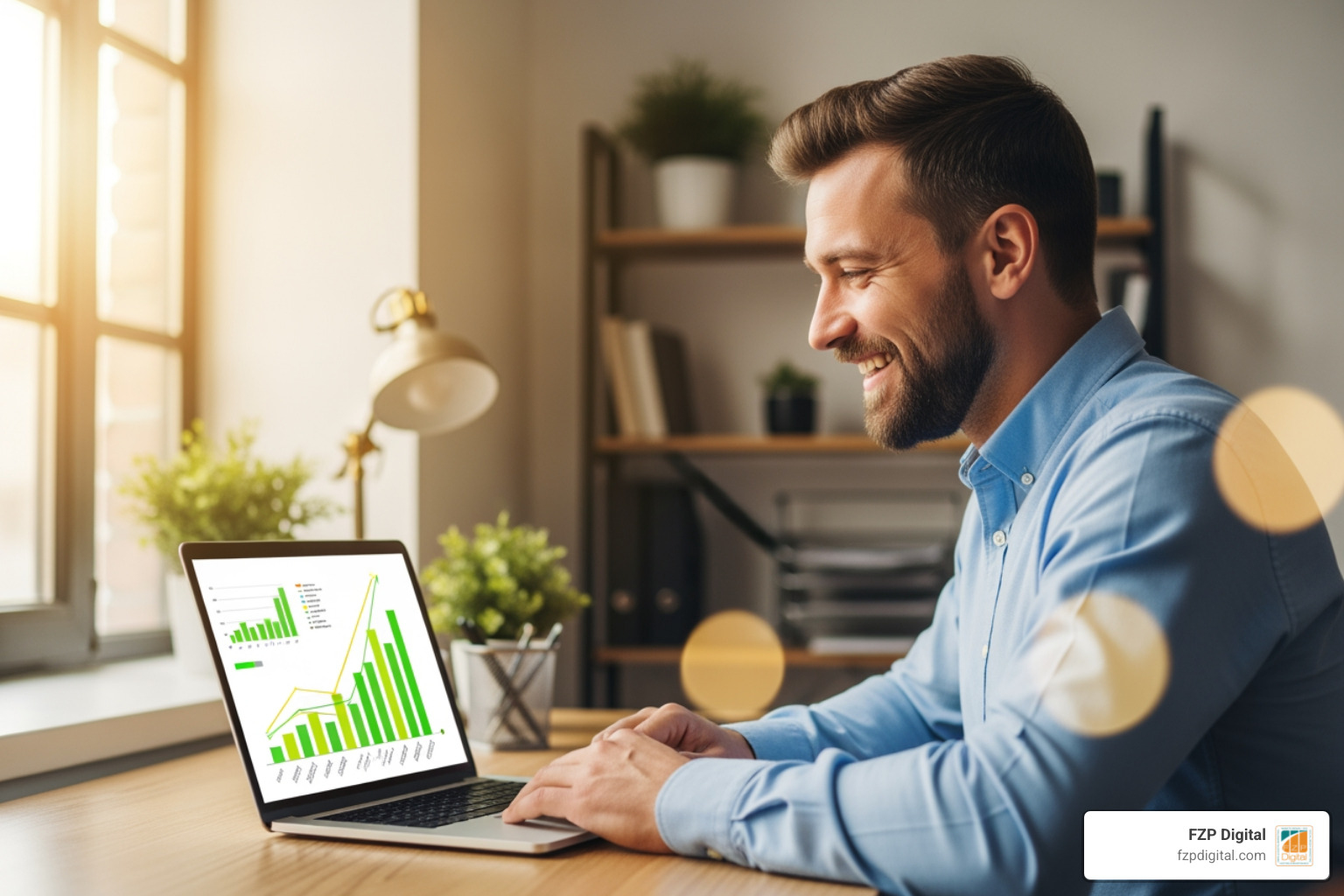 A friendly business owner looking confidently at a laptop screen showing positive growth charts - seo company website A friendly business owner looking confidently at a laptop screen showing positive growth charts - seo company website