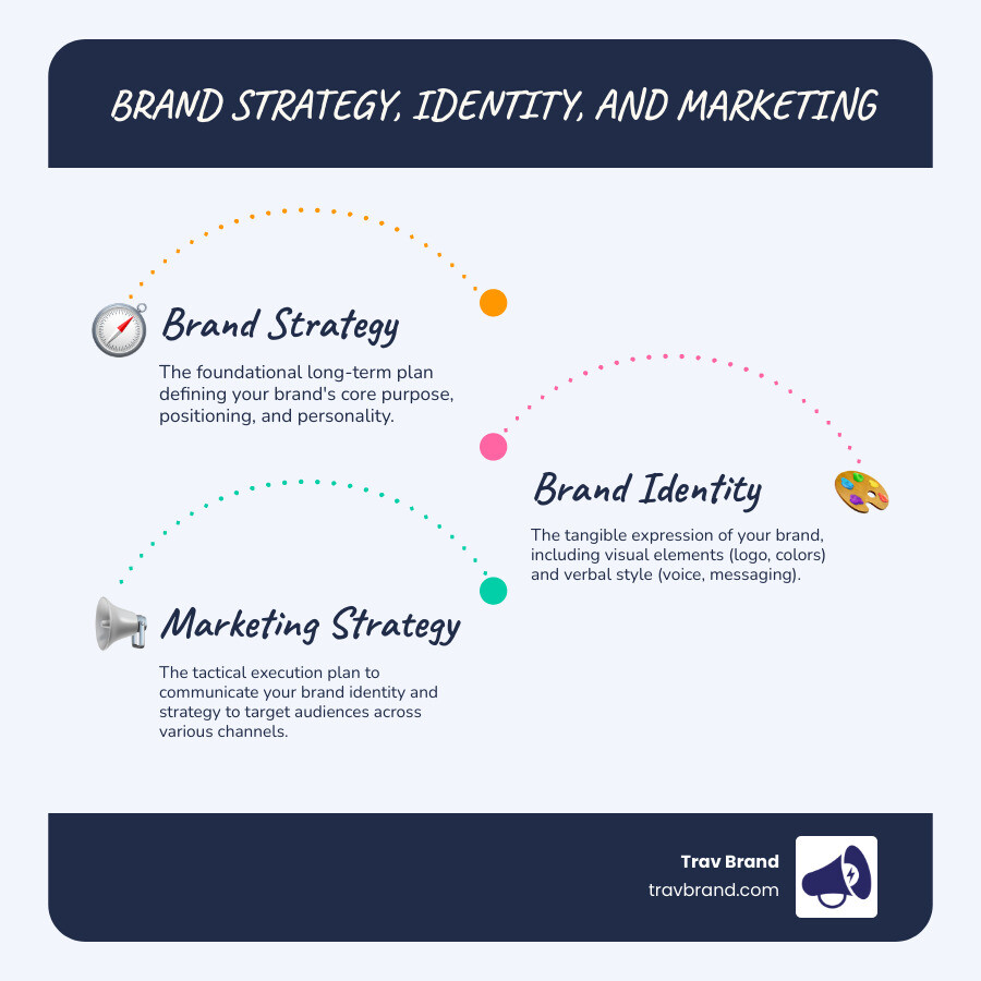 Infographic showing three connected circles: Brand Strategy (the long-term plan defining purpose, positioning, and personality), Brand Identity (the visual and verbal expression including logo, colors, voice), and Marketing Strategy (the tactical execution across channels to reach audiences). Arrows show Brand Strategy informs Identity, which is communicated through Marketing Strategy. - brand building strategies infographic infographic-line-3-steps-blues-accent_colors Infographic showing three connected circles: Brand Strategy (the long-term plan defining purpose, positioning, and personality), Brand Identity (the visual and verbal expression including logo, colors, voice), and Marketing Strategy (the tactical execution across channels to reach audiences). Arrows show Brand Strategy informs Identity, which is communicated through Marketing Strategy. - brand building strategies infographic infographic-line-3-steps-blues-accent_colors