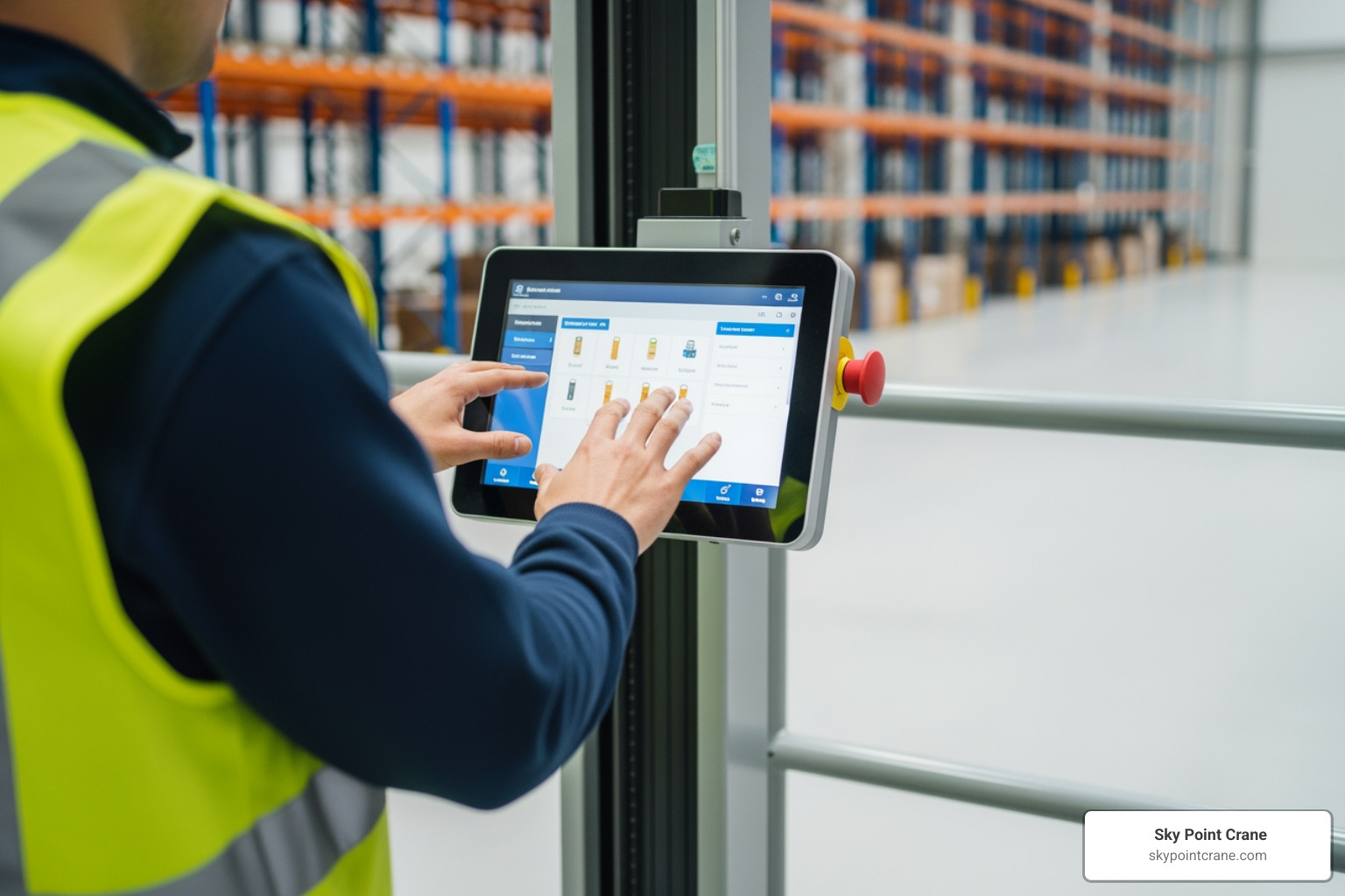 An operator using the touch-screen interface on a VLM to select and retrieve items, demonstrating the intuitive nature of the control system. - vertical lift storage