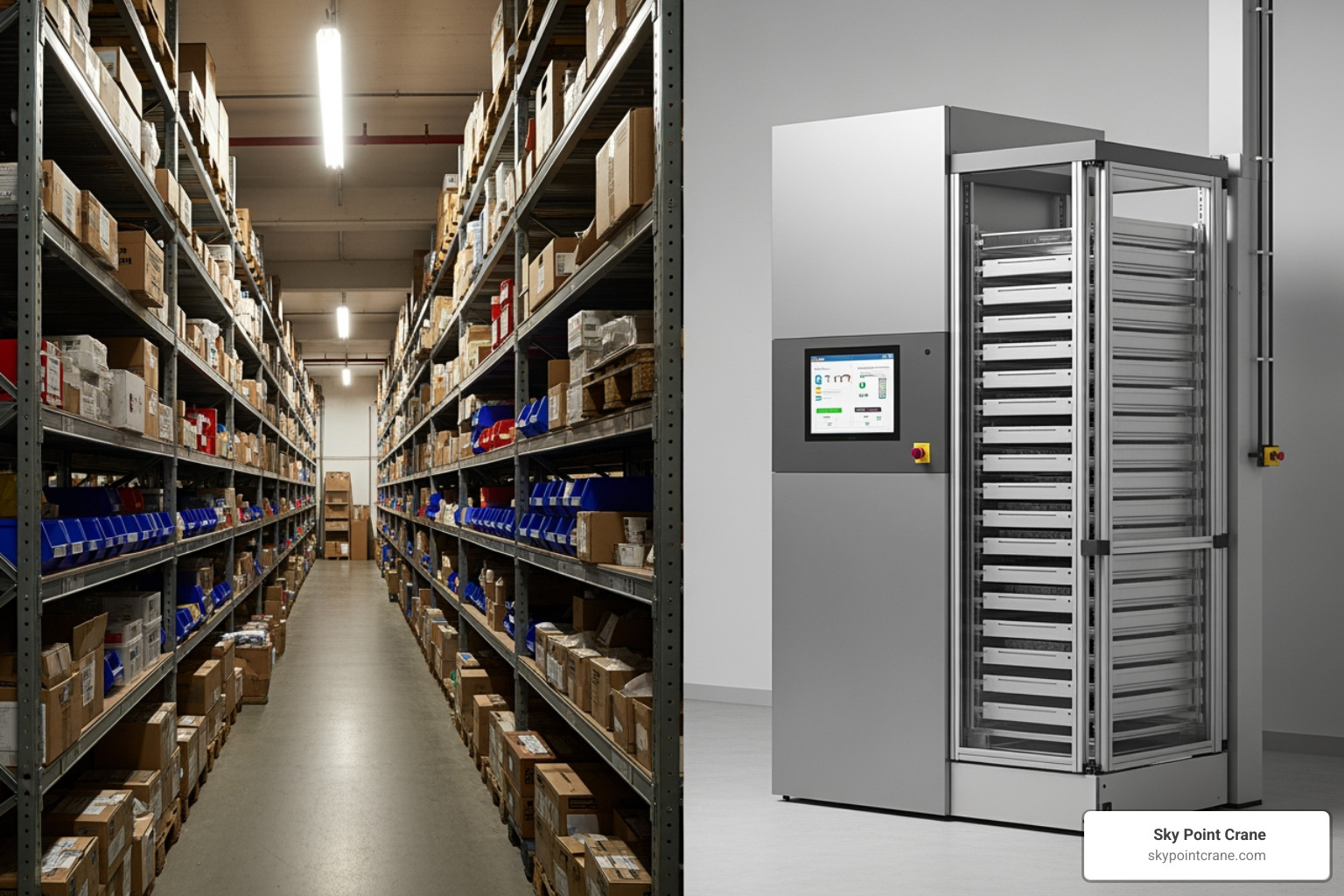 A side-by-side comparison illustrating a traditional, cluttered warehouse aisle overflowing with shelving and inventory, contrasted with the sleek, organized exterior of a vertical lift module occupying significantly less floor space. - vertical lift storage