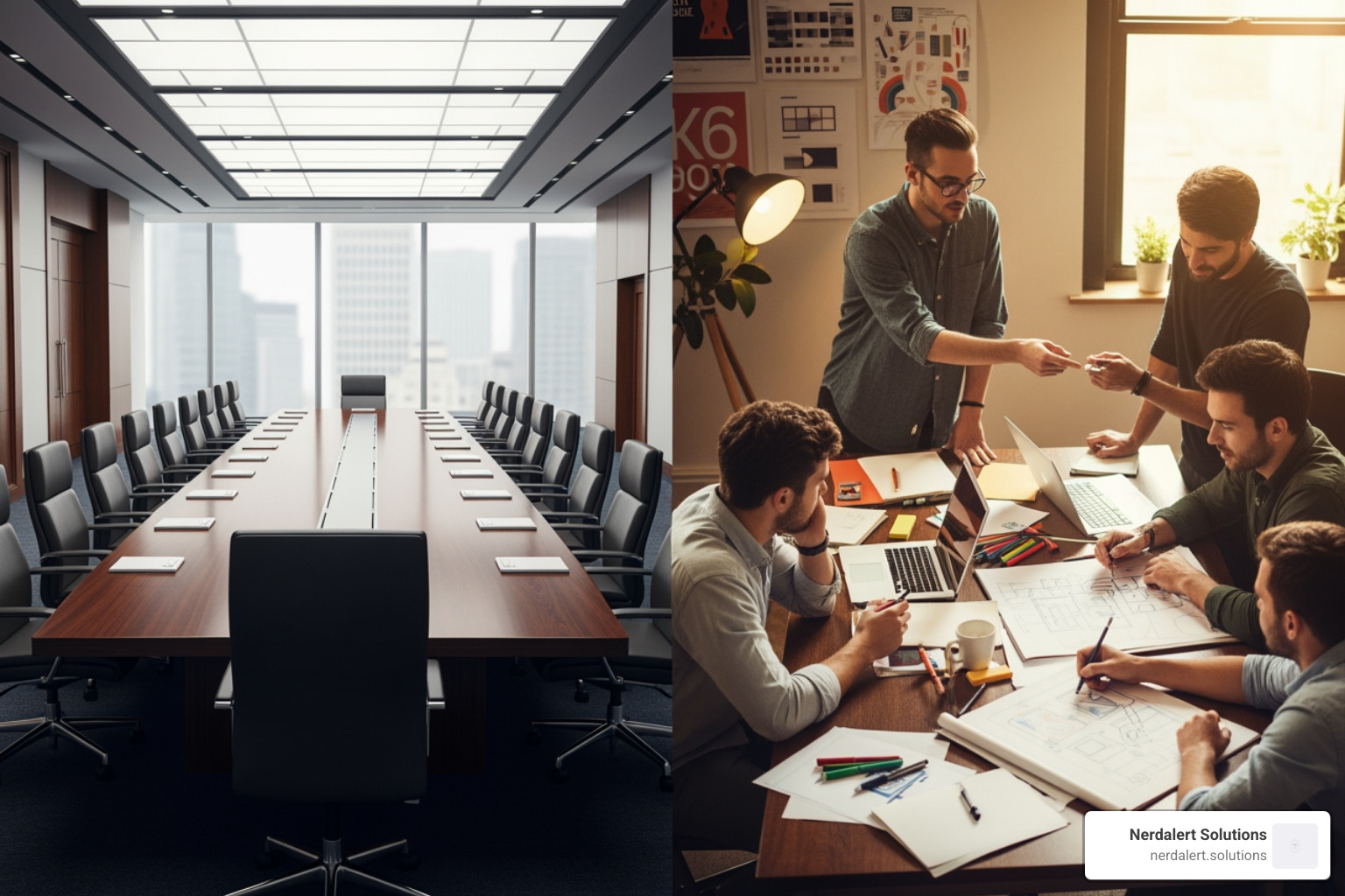 contrasting a large corporate boardroom with a small, focused creative meeting - boutique design agency contrasting a large corporate boardroom with a small, focused creative meeting - boutique design agency