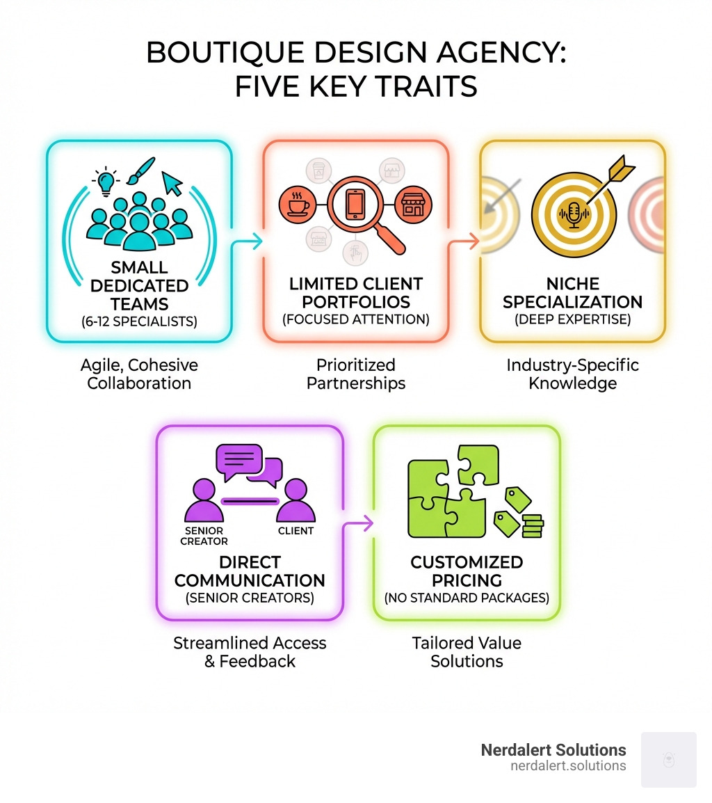 infographic showing five key traits of boutique design agencies: small dedicated teams of 6-12 specialists, limited client portfolios for focused attention, niche specialization and deep expertise, direct communication with senior creators, and customized pricing without standardized packages - boutique design agency infographic infographic showing five key traits of boutique design agencies: small dedicated teams of 6-12 specialists, limited client portfolios for focused attention, niche specialization and deep expertise, direct communication with senior creators, and customized pricing without standardized packages - boutique design agency infographic