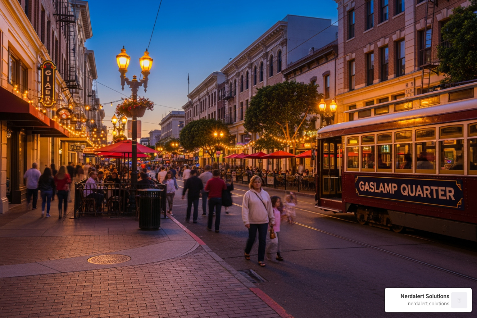 A bustling street scene in San Diego's Gaslamp Quarter, with historic buildings and people enjoying the evening - seo in san diego
