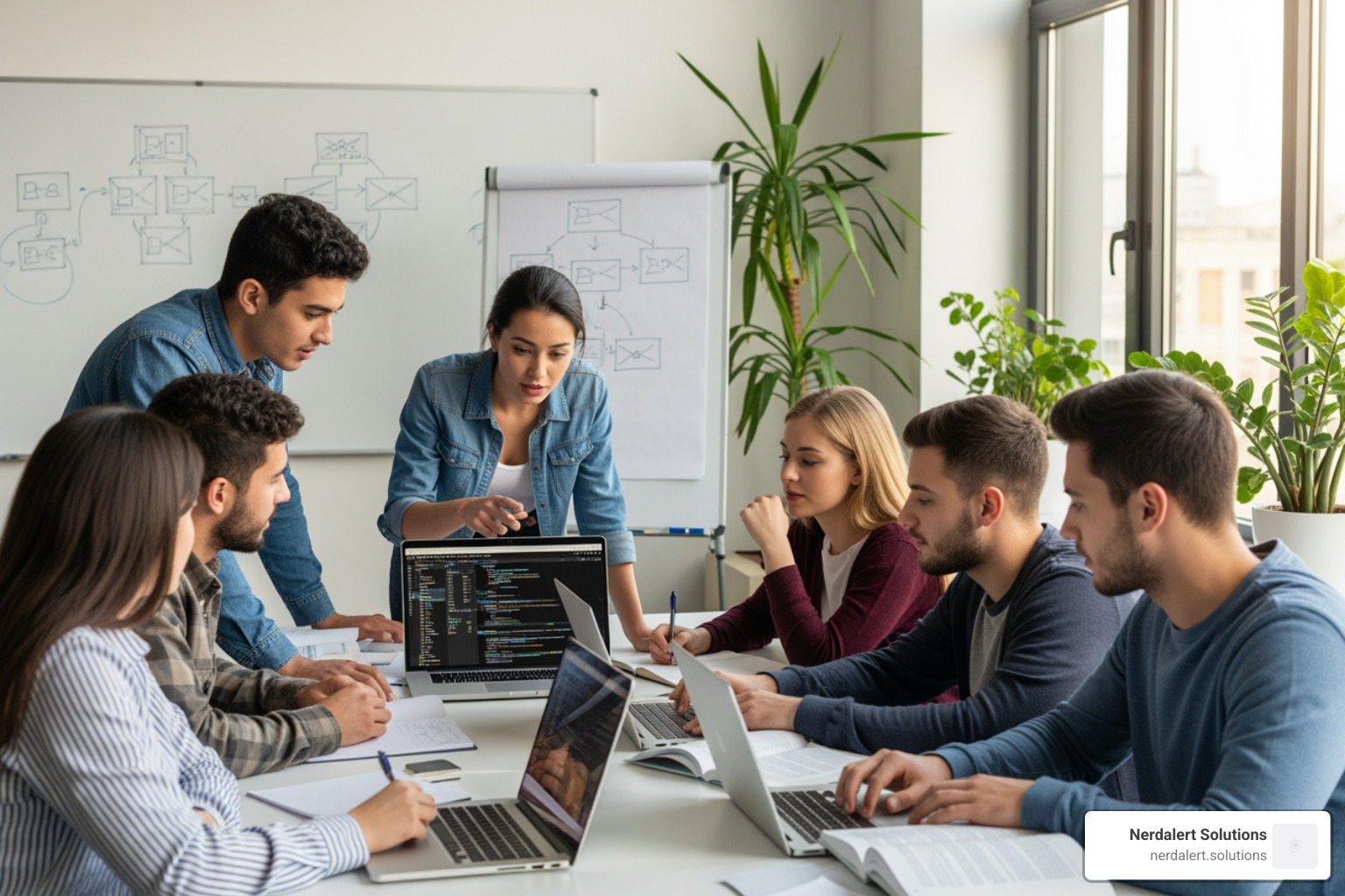 diverse group of students collaborating on a web design project in a modern classroom - master web design