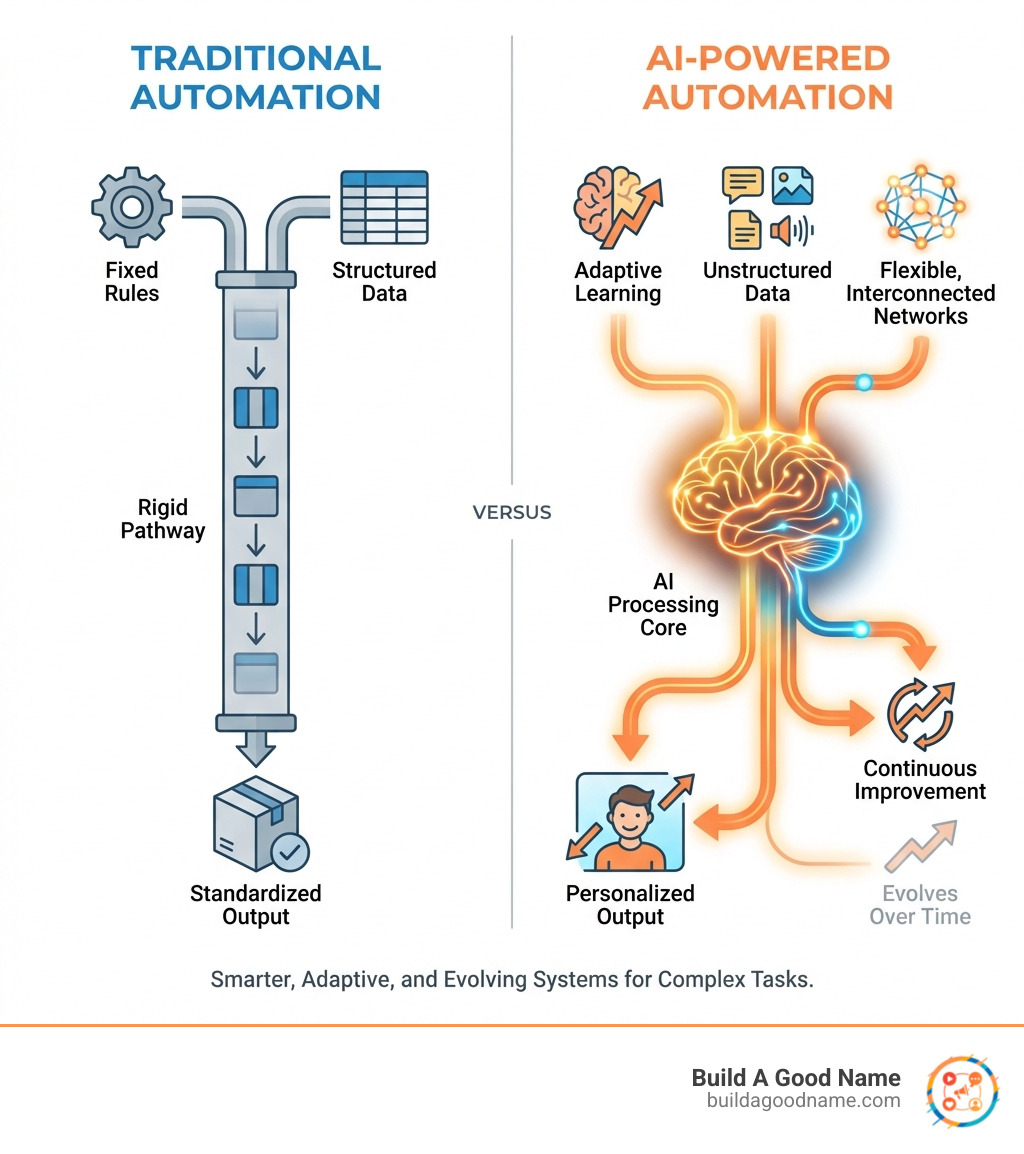 Infographic showing traditional automation with fixed rules and structured data flowing through rigid pathways versus AI-powered automation with adaptive learning systems processing unstructured data like text, images, and audio through flexible, interconnected networks that improve over time - AI powered automation infographic 