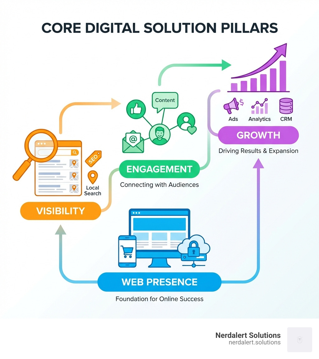 Infographic showing the four core pillars of digital solutions: Web Presence (foundation with website icons), Visibility (magnifying glass over search results), Engagement (social media and content icons connected to users), and Growth (upward trending graph with advertising channels) - Riverside digital solutions infographic 
