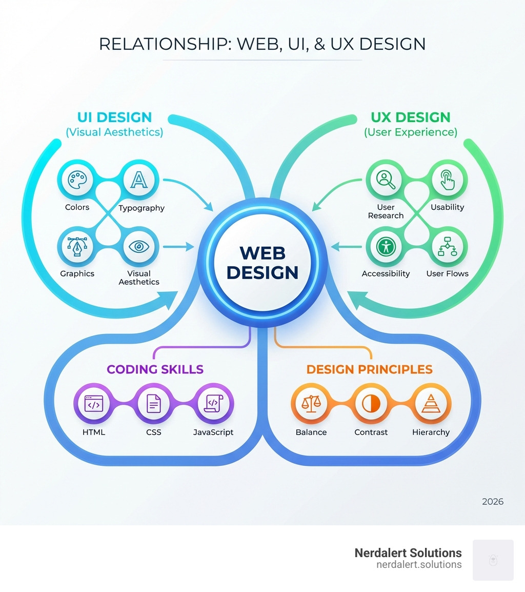 Infographic showing the relationship between Web Design (center), UI Design (visual aesthetics, colors, typography, graphics), and UX Design (user research, usability, accessibility, user flows), with Web Design encompassing both coding skills (HTML, CSS, JavaScript) and design principles - Riverside web design classes infographic 