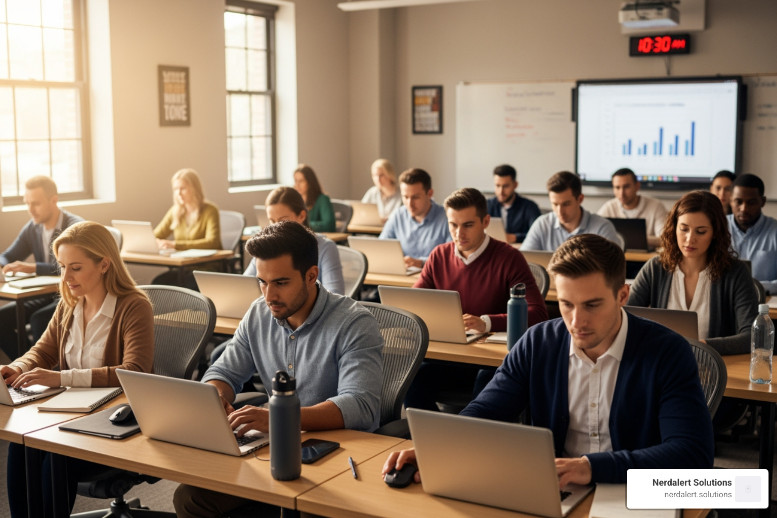 classroom setting with students on laptops - Riverside web design classes