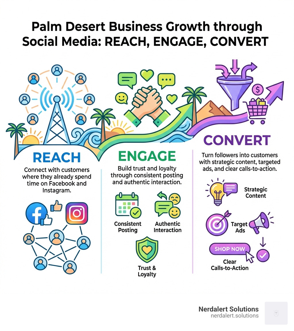 Infographic showing the core benefits of social media for Palm Desert businesses: REACH (Connect with customers where they already spend time on Facebook and Instagram), ENGAGE (Build trust and loyalty through consistent posting and authentic interaction), CONVERT (Turn followers into customers with strategic content, targeted ads, and clear calls-to-action) - palm desert social media marketing infographic 