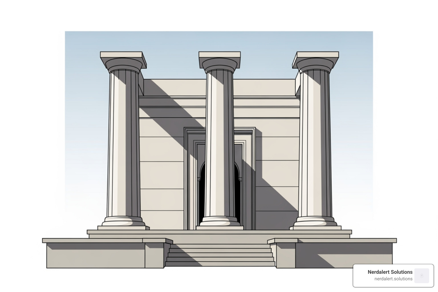 A stylized image of a temple facade with three prominent pillars. Each pillar is clearly labeled: "On-Page SEO", "Off-Page SEO", and "Technical SEO". - seo marketing