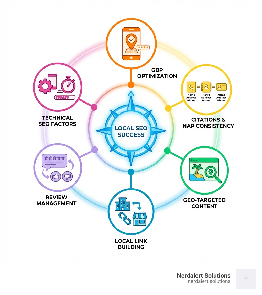infographic showing the core components of local seo including google business profile optimization, local citations and NAP consistency, on-page geo-targeted content, local link building, review management, and technical seo factors - san diego local seo specialist infographic 