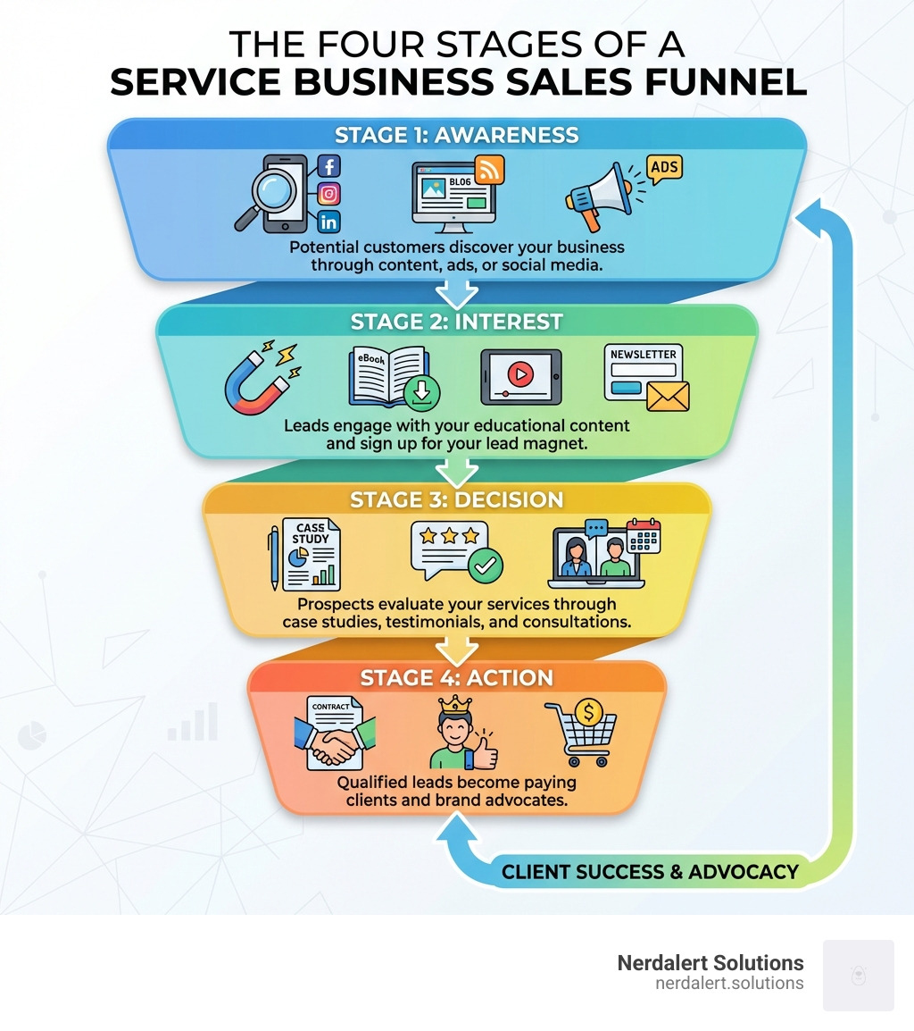 Infographic showing the four main stages of a sales funnel: Stage 1 - Awareness (potential customers discover your business through content, ads, or social media), Stage 2 - Interest (leads engage with your educational content and sign up for your lead magnet), Stage 3 - Decision (prospects evaluate your services through case studies, testimonials, and consultations), Stage 4 - Action (qualified leads become paying clients and brand advocates) - build a sales funnel for a service business infographic 