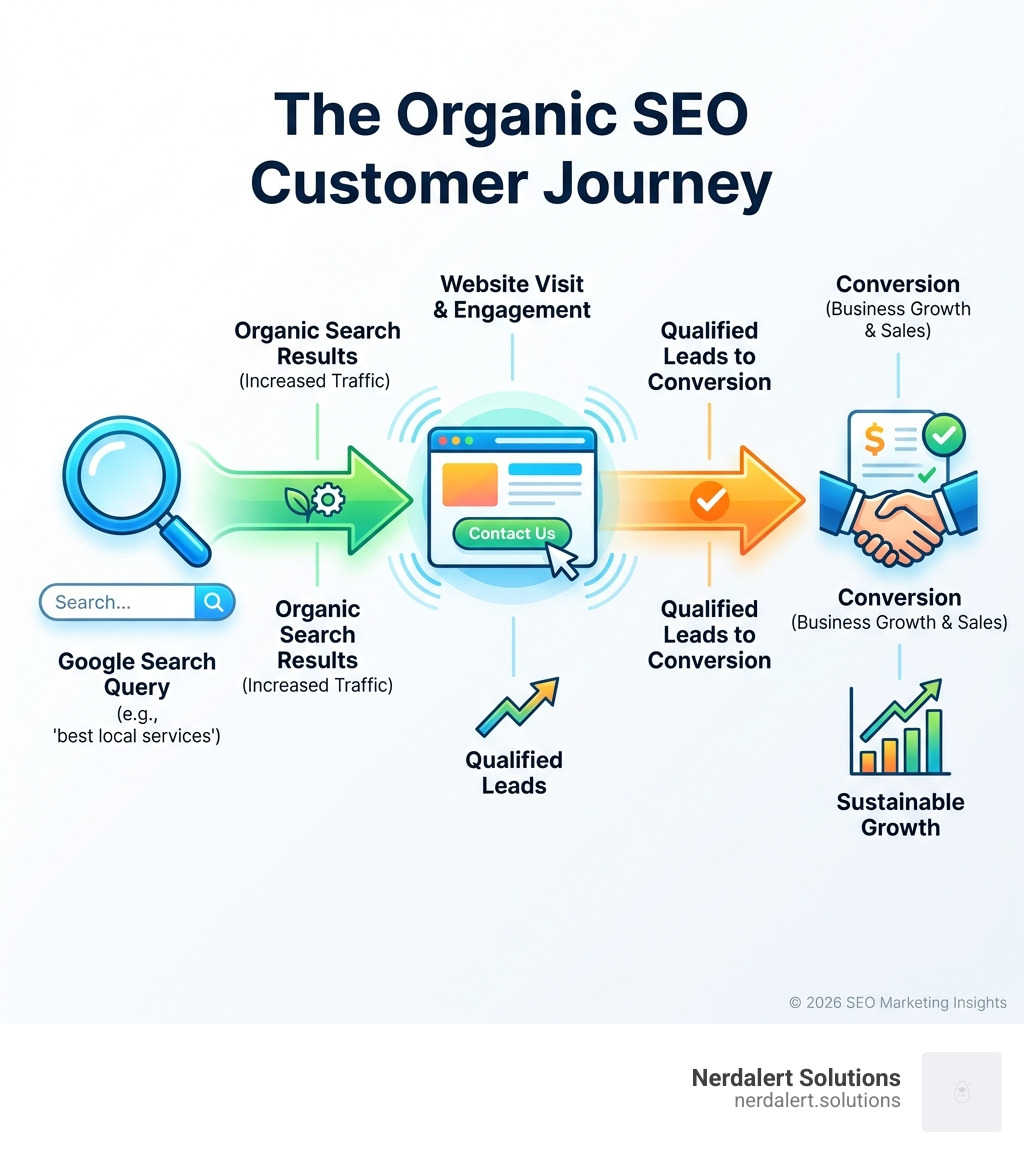infographic showing the customer journey from Google search query to website visit to conversion, with arrows indicating organic search results leading to increased traffic and qualified leads - seo marketing infographic 