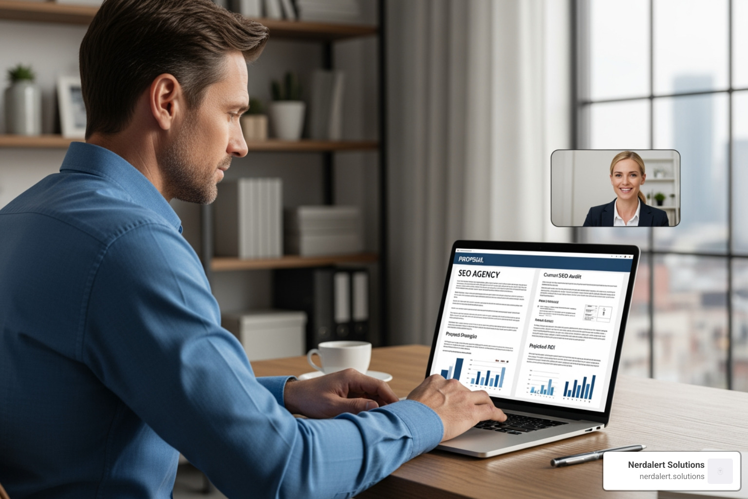 of a person on a video call with a potential SEO agency, reviewing a proposal - seo company near me