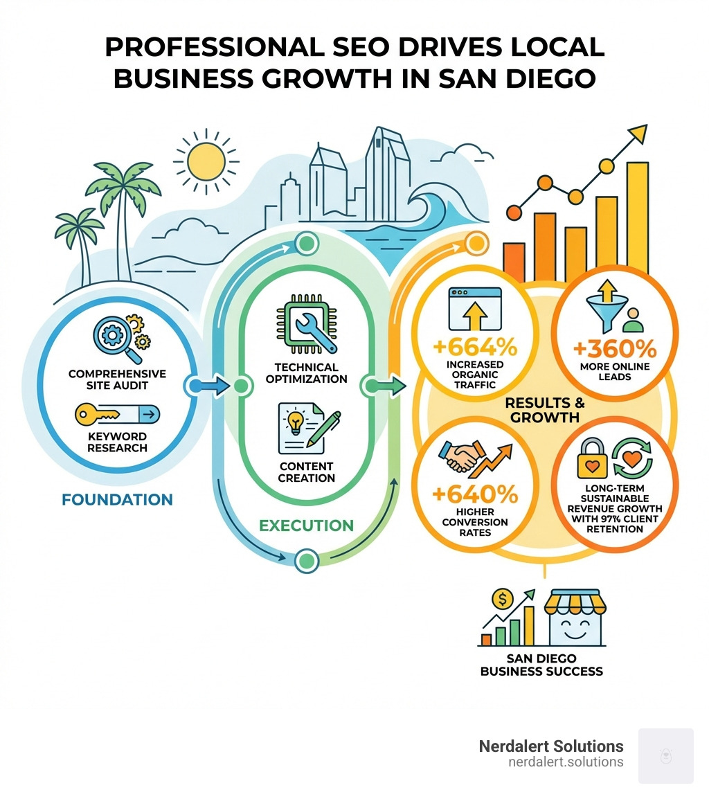 Infographic showing how professional SEO drives local business growth in San Diego: starting with comprehensive site audit and keyword research, leading to technical optimization and content creation, resulting in increased organic traffic (up to 664%), more online leads (up to 360%), higher conversion rates (up to 640%), and long-term sustainable revenue growth with 97% client retention - SEO agency San Diego infographic 