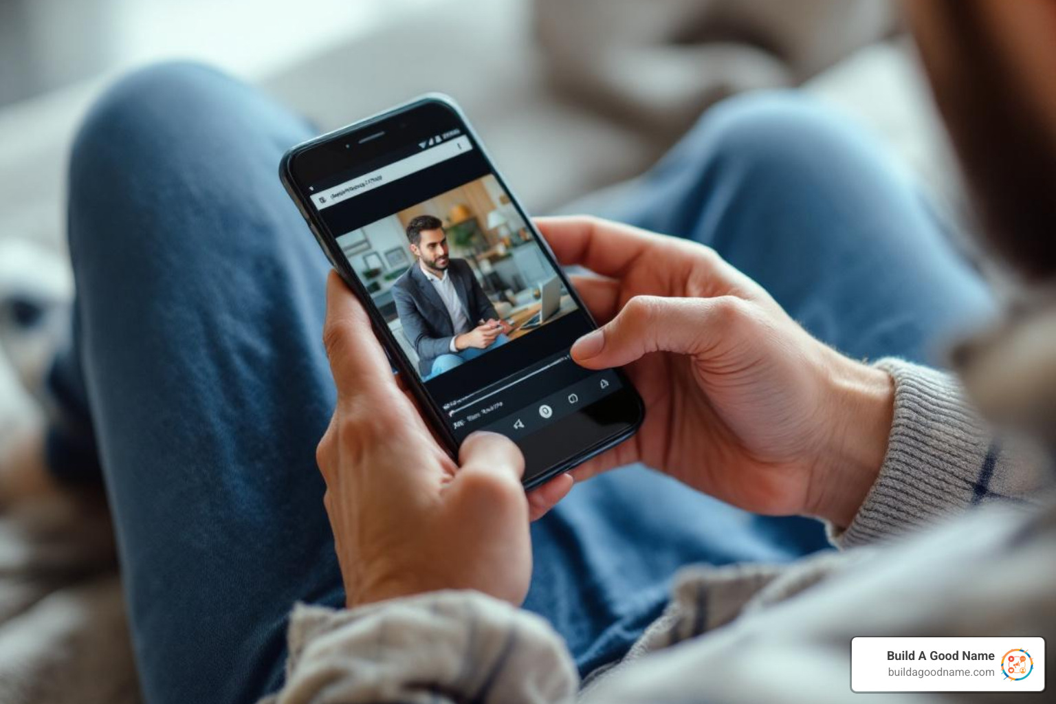 person watching marketing video on phone - optimize online presence person watching marketing video on phone - optimize online presence