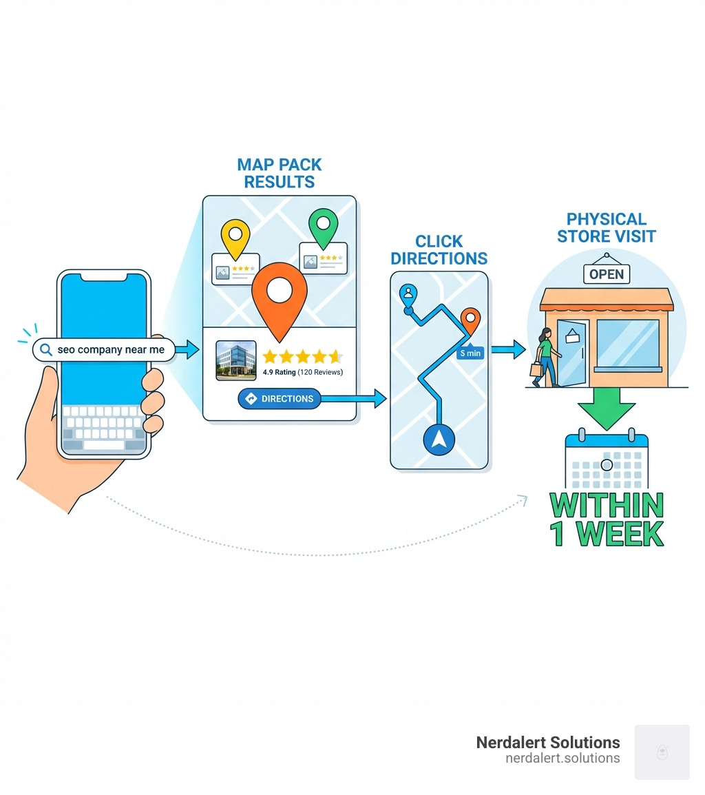 infographic showing the customer journey from local search query on mobile device, to viewing Google Map Pack results with reviews and photos, to clicking directions, to visiting the physical store location within one week - seo company near me infographic 