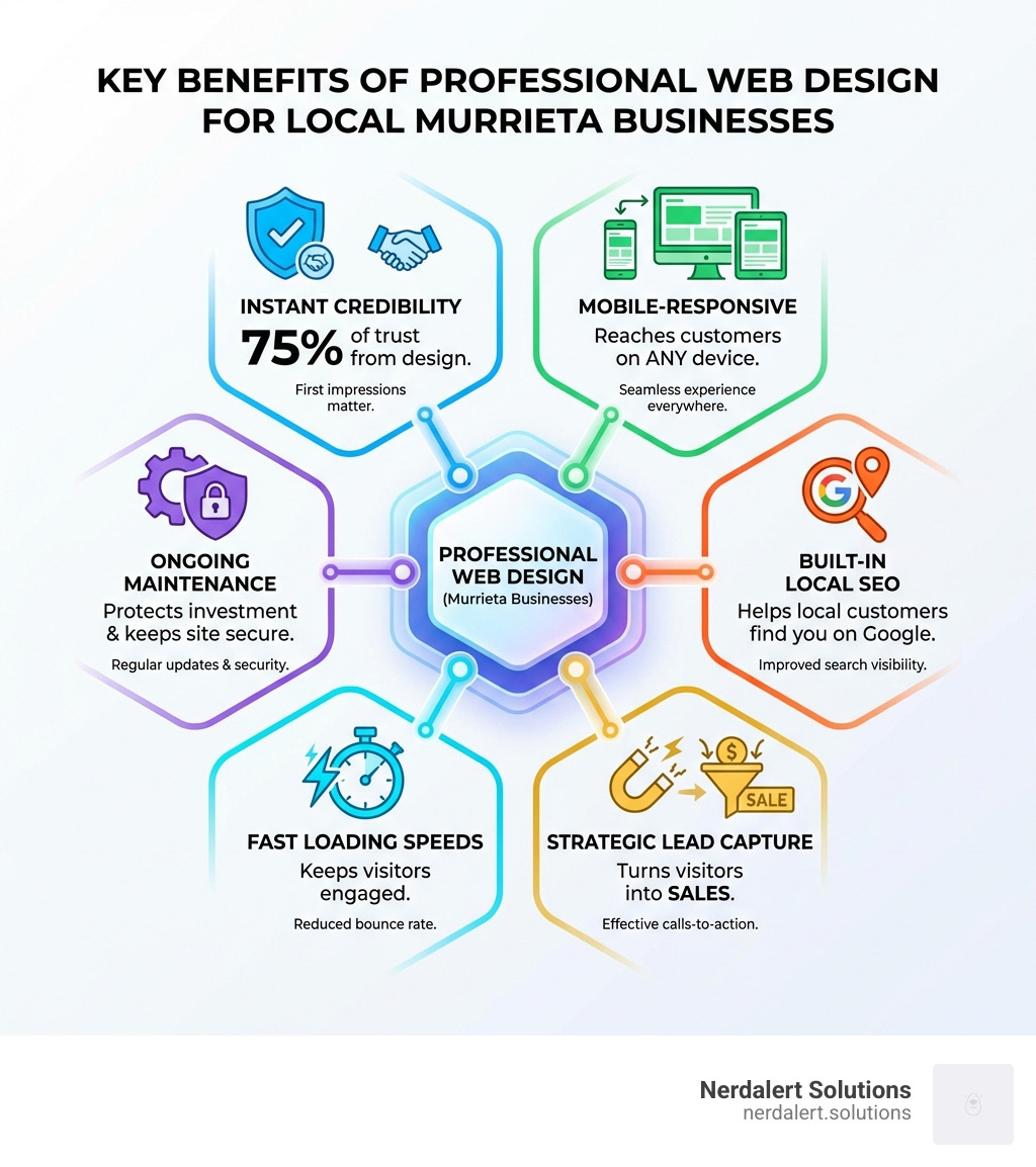 Infographic showing the key benefits of professional web design for local Murrieta businesses: builds instant credibility with 75% of trust coming from design, mobile-responsive design reaches customers on any device, built-in SEO helps local customers find you on Google, strategic lead capture turns visitors into sales, fast loading speeds keep visitors engaged, and ongoing maintenance protects your investment and keeps your site secure - murrieta website design infographic 