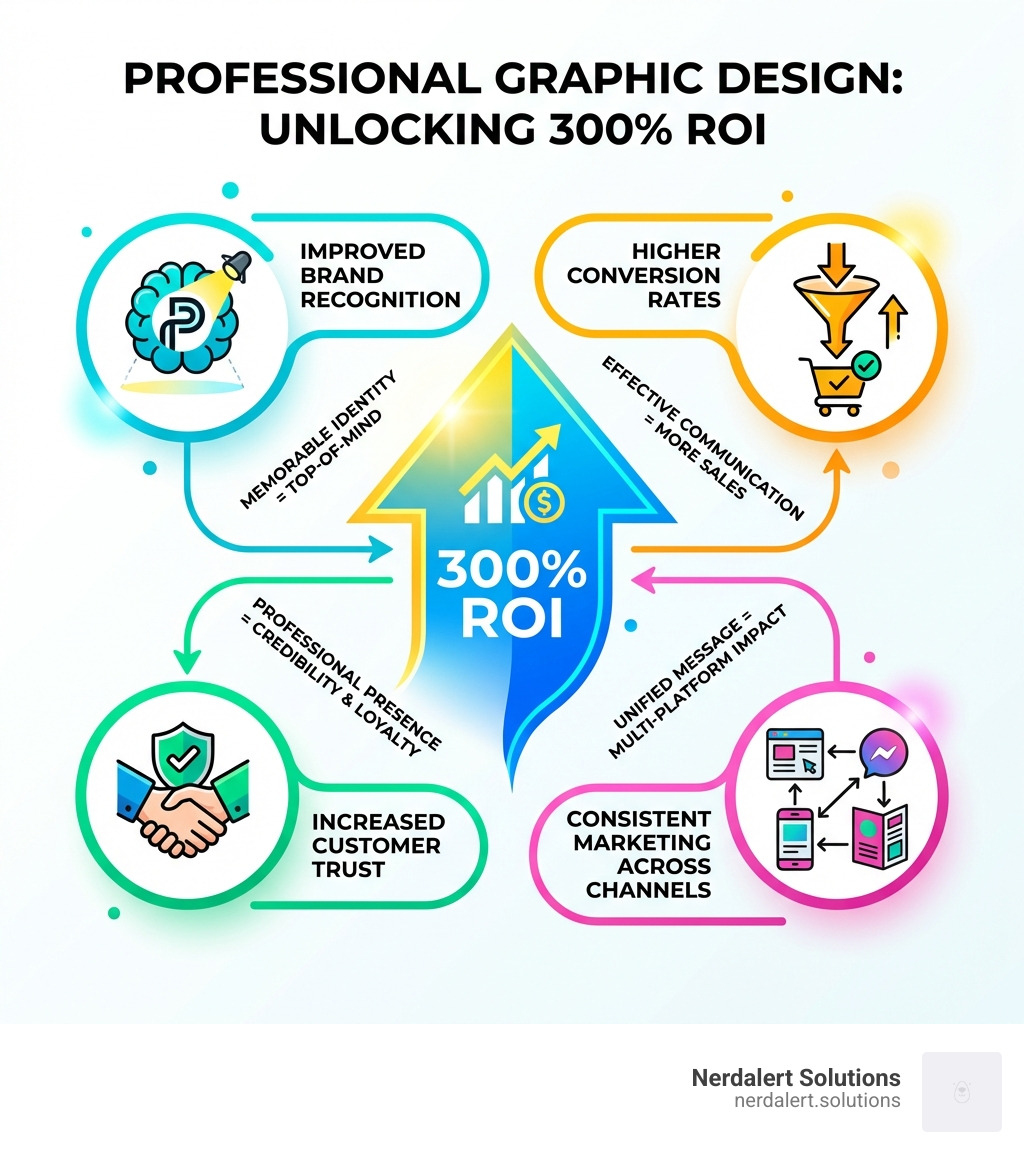 Infographic showing how professional graphic design delivers 300% ROI through improved brand recognition, increased customer trust, higher conversion rates, and consistent marketing across all channels - palm springs graphic design infographic 