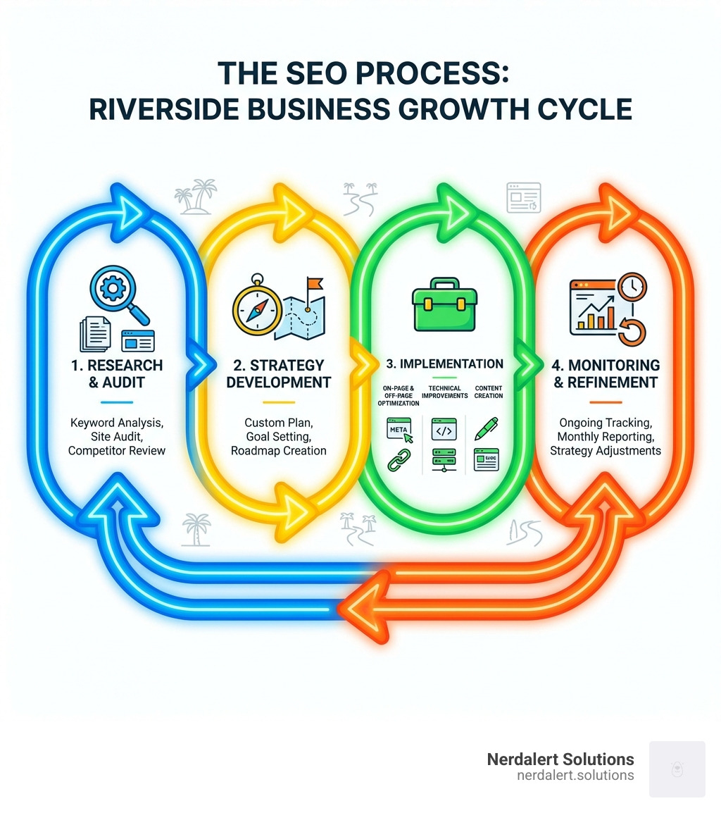 infographic showing the SEO process from keyword research and site audit through strategy development, implementation of on-page and off-page optimization, technical improvements, content creation, and ongoing monitoring with monthly reporting and strategy refinement - riverside seo company infographic