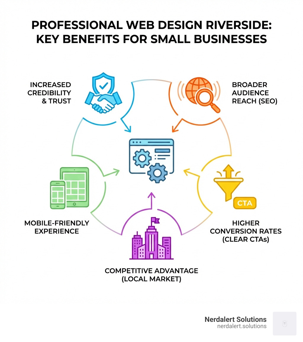 Infographic showing the key benefits of professional web design for Riverside small businesses: increased credibility and trust, broader audience reach through SEO, mobile-friendly experience for tech-savvy users, higher conversion rates with clear CTAs, and competitive advantage in the local market - Web design Riverside infographic 