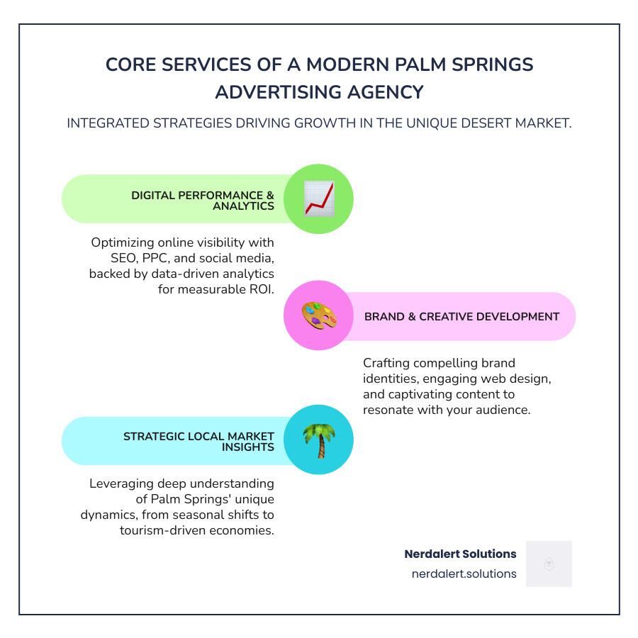 infographic showing the core services of modern Palm Springs advertising agencies including SEO, PPC, social media marketing, web design, branding, content creation, and analytics with icons representing local market expertise and ROI metrics - palm springs advertising agency infographic infographic-line-3-steps-colors