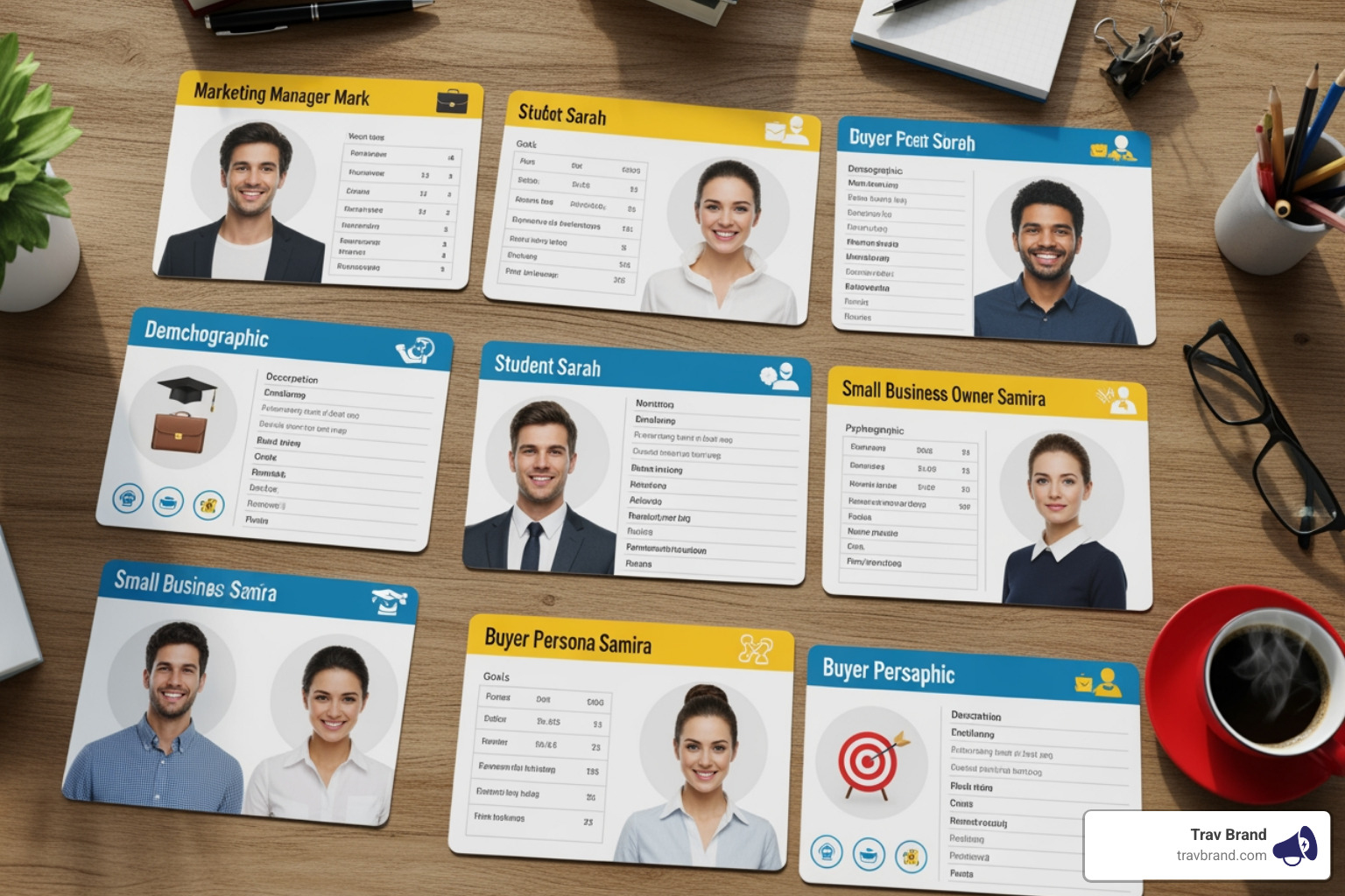 Detailed customer persona cards laid out on a desk - brand building strategies Detailed customer persona cards laid out on a desk - brand building strategies