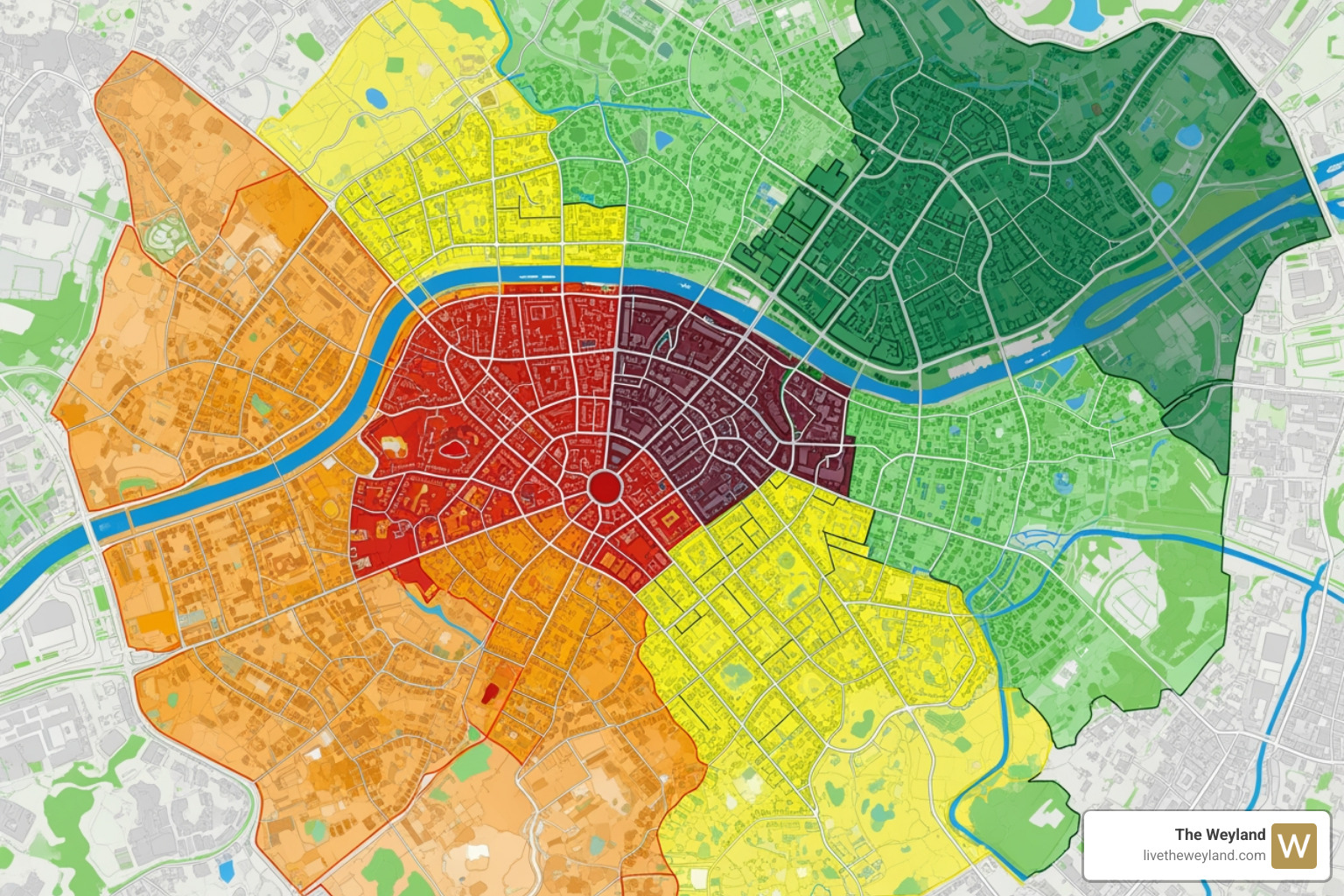 city map with different colored zones indicating price tiers - 1 bedroom for rent