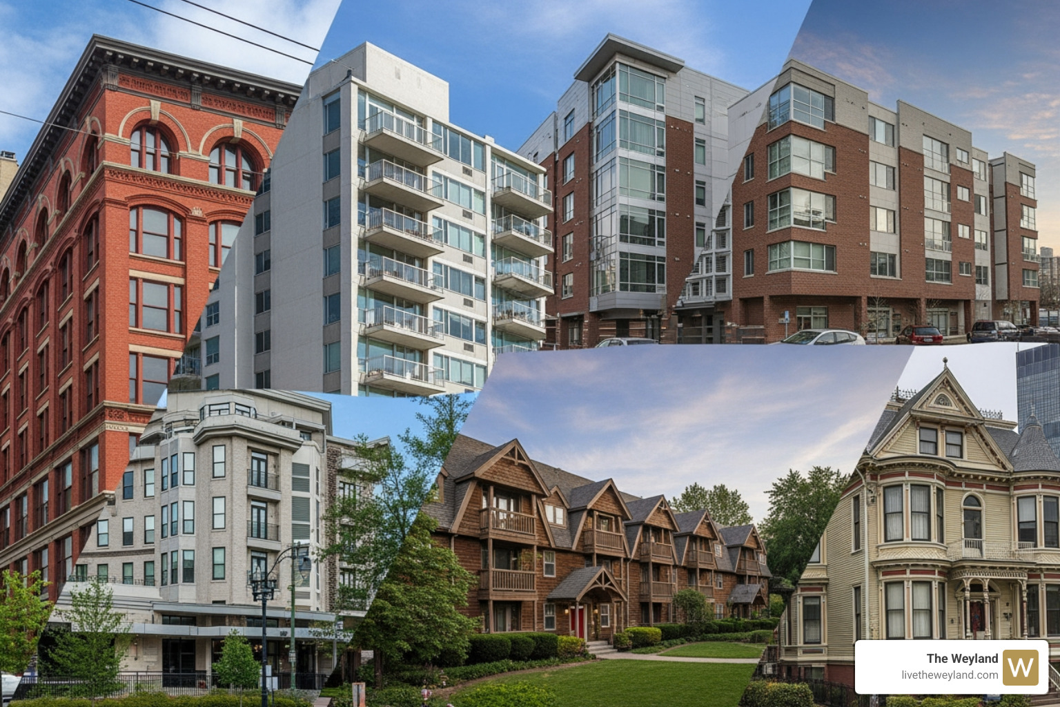 collage showing different apartment building styles in various neighborhoods - 1 bedroom for rent