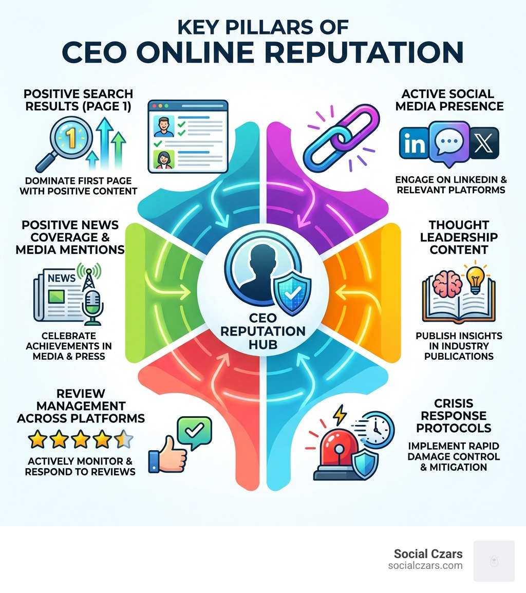 Infographic showing the key pillars of CEO online reputation: Search Engine Results showing positive content on page 1, Active Social Media Presence on LinkedIn and relevant platforms, Positive News Coverage and Media Mentions, Thought Leadership Content in industry publications, Review Management across platforms, and Crisis Response Protocols for rapid damage control - online reputation management for CEO infographic 