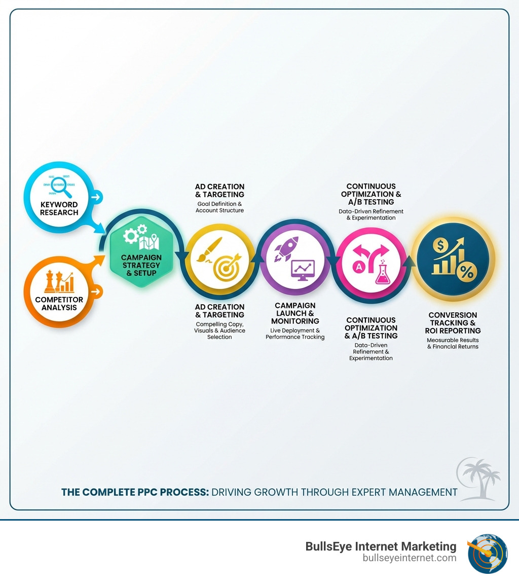Infographic showing the complete PPC process: keyword research and competitor analysis leads to campaign strategy and setup, which flows to ad creation and targeting, then to campaign launch and monitoring, followed by continuous optimization and A/B testing, finally resulting in conversion tracking and ROI reporting - Florida PPC agency infographic Infographic showing the complete PPC process: keyword research and competitor analysis leads to campaign strategy and setup, which flows to ad creation and targeting, then to campaign launch and monitoring, followed by continuous optimization and A/B testing, finally resulting in conversion tracking and ROI reporting - Florida PPC agency infographic