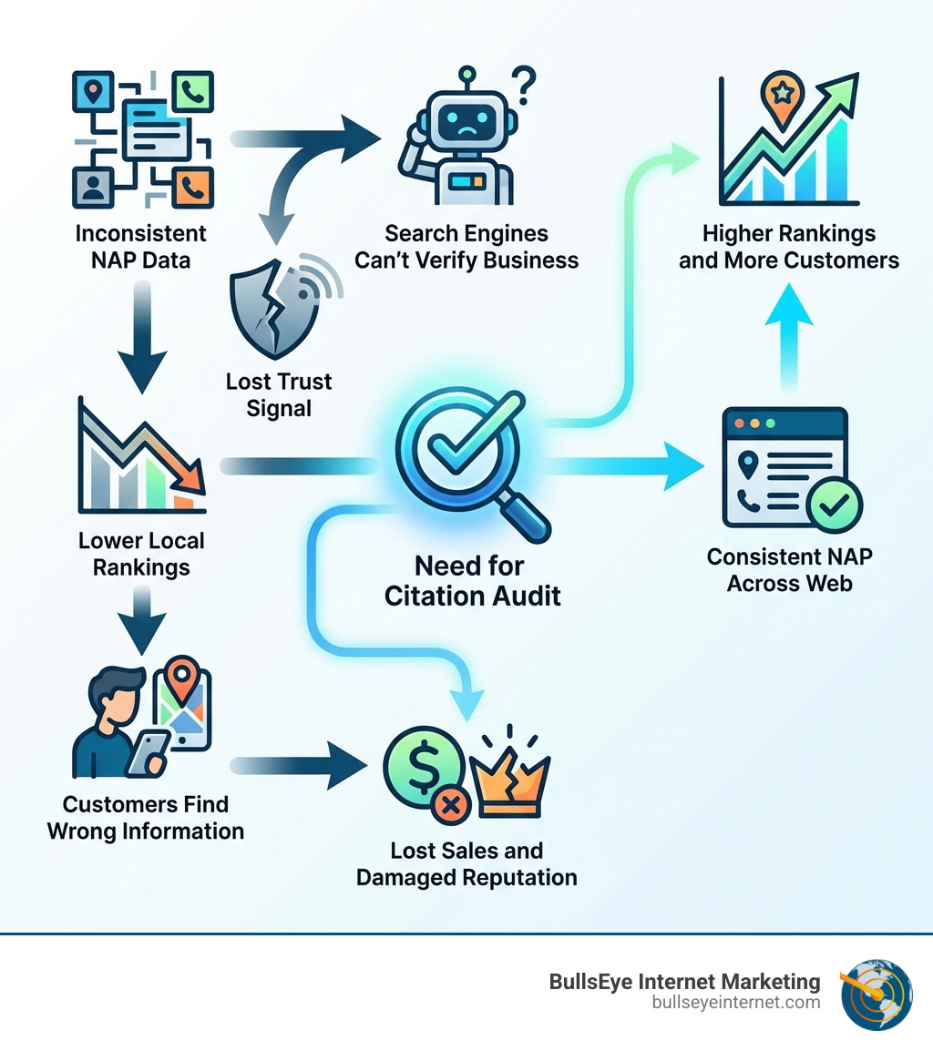Infographic showing the flow: Inconsistent NAP Data → Search Engines Can't Verify Business → Lost Trust Signal → Lower Local Rankings → Customers Find Wrong Information → Lost Sales and Damaged Reputation → Need for Citation Audit → Consistent NAP Across Web → Higher Rankings and More Customers - Citation audit service infographic Infographic illustrating the importance of citation audits for local SEO, showing connections between inconsistent NAP data, lower local rankings, and lost sales, with a focus on achieving consistent NAP across the web for higher rankings and more customers.