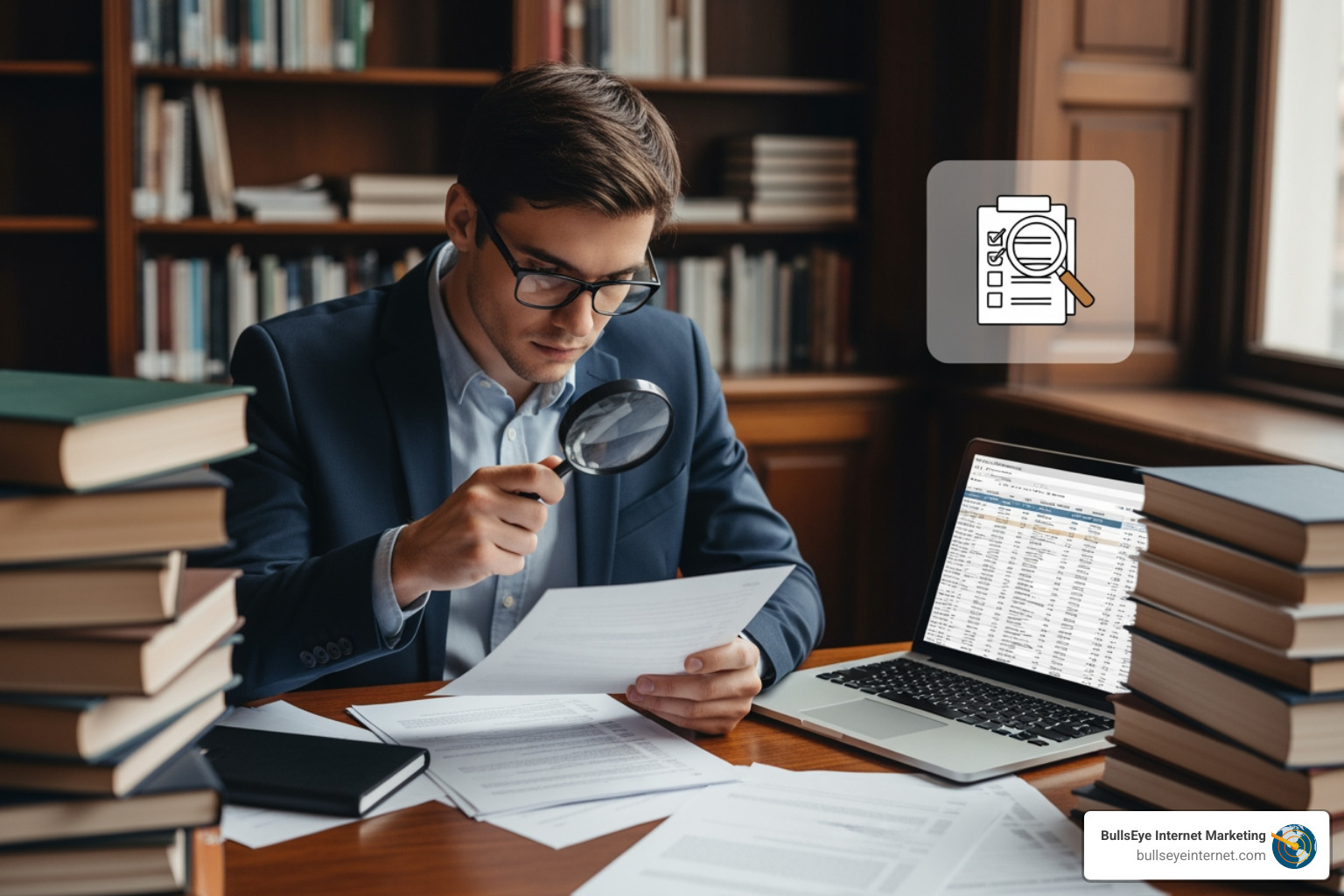 of a magnifying glass over a computer screen showing business listings - Citation audit service Man in a suit examining documents with a magnifying glass, surrounded by books, laptop displaying a data table, emphasizing citation audit services for local SEO.