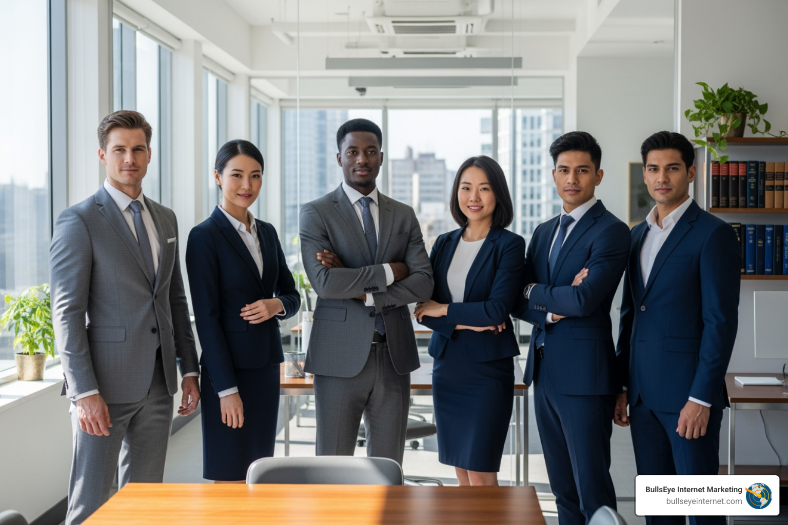 A law firm's team photo, looking professional and approachable. - family law marketing Group of diverse professionals in business attire standing confidently in a modern office setting, emphasizing trust and expertise in family law marketing strategies.