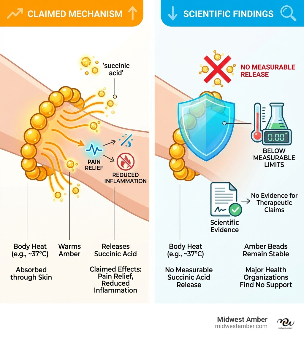 Infographic comparing claimed mechanism of amber bracelets showing body heat releasing succinic acid through skin versus scientific findings showing no measurable succinic acid release from beads at body temperature - how do amber bracelets work infographic Infographic comparing claimed mechanism of amber bracelets showing body heat releasing succinic acid through skin versus scientific findings showing no measurable succinic acid release from beads at body temperature - how do amber bracelets work infographic
