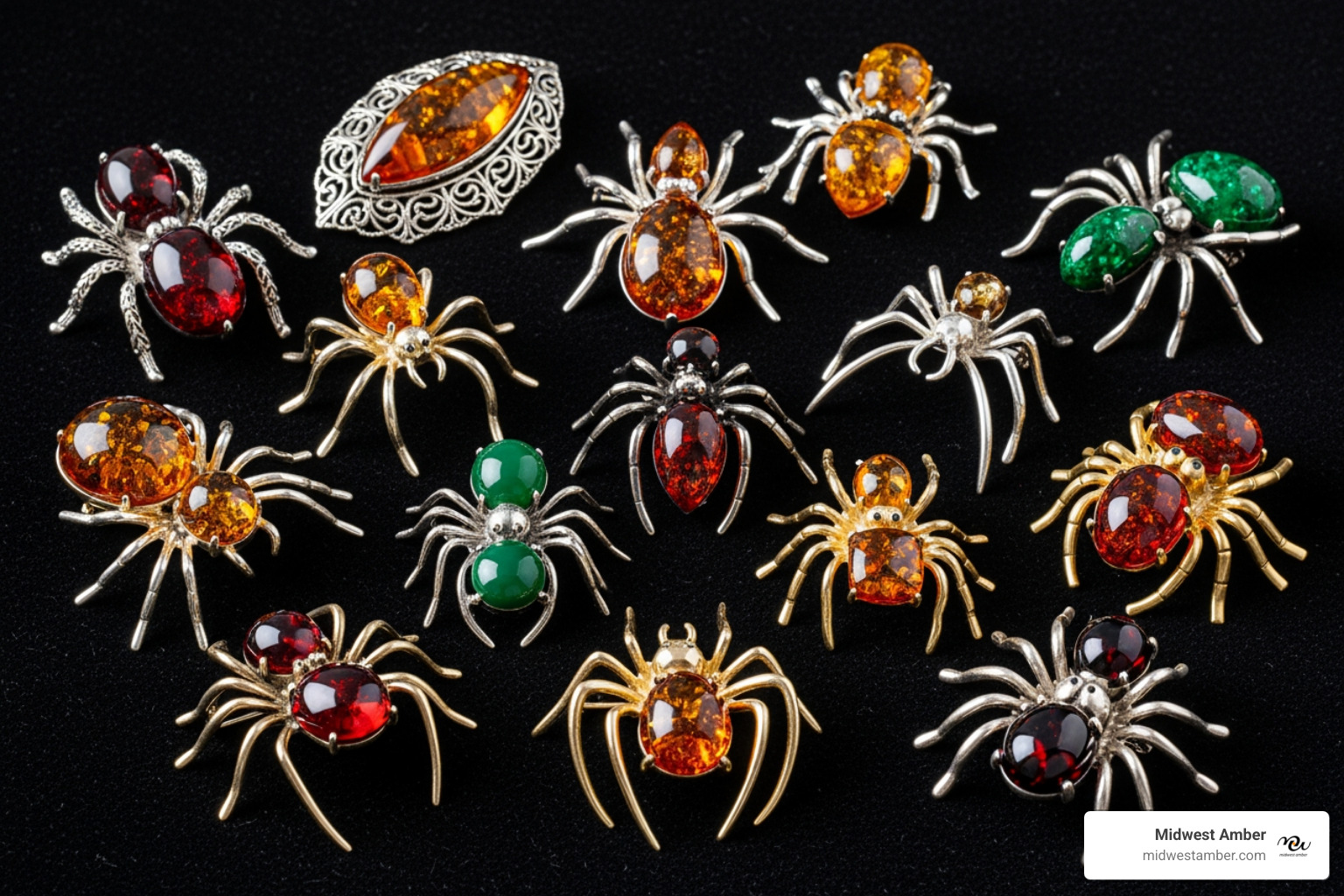 different amber spider brooches showing various styles (Art Deco, modern) and colors (cognac, green, cherry) - amber spider brooch