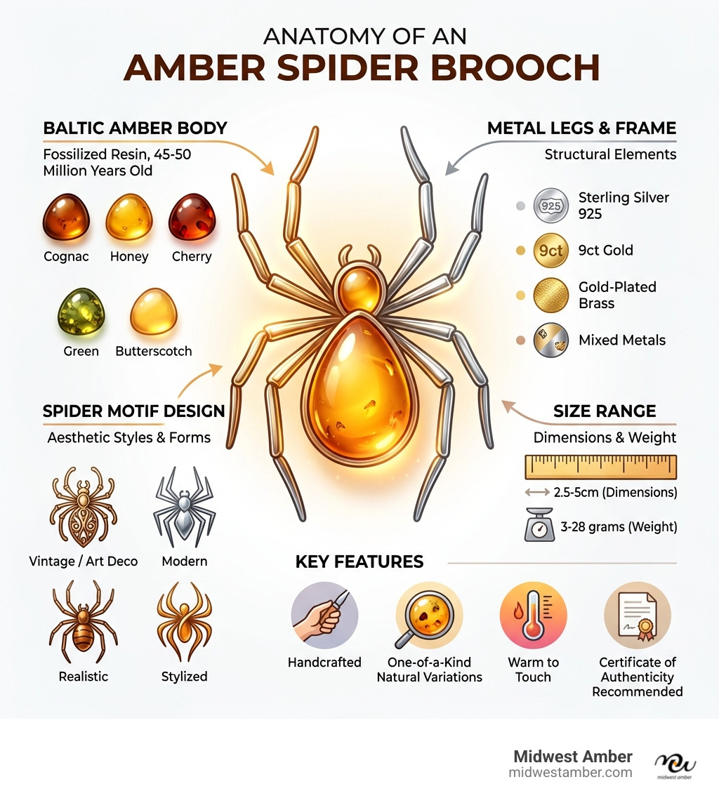Infographic showing the anatomy of an amber spider brooch: Baltic Amber Body (fossilized resin, 45-50 million years old, available in cognac, honey, cherry, green, butterscotch colors), Metal Legs and Frame (Sterling Silver 925, 9ct Gold, Gold-Plated Brass, or Mixed Metals), Spider Motif Design (Vintage/Art Deco/Modern styles, realistic or stylized forms), Size Range (typically 2.5-5cm, 3-28 grams), and Key Features (handcrafted, one-of-a-kind natural variations, warm to touch, Certificate of Authenticity recommended) - amber spider brooch infographic 