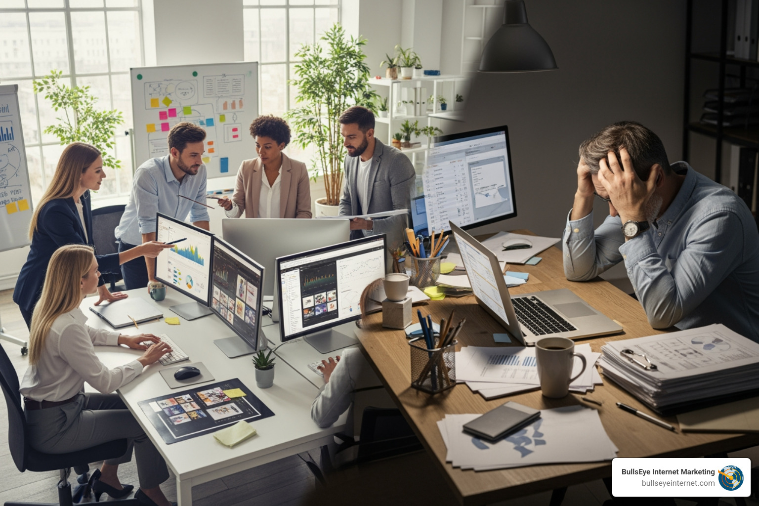 Team of professionals collaborating in a bright office, analyzing data on multiple screens, while a stressed individual struggles with paperwork at a cluttered desk, highlighting the importance of expert digital marketing strategies for brand success.