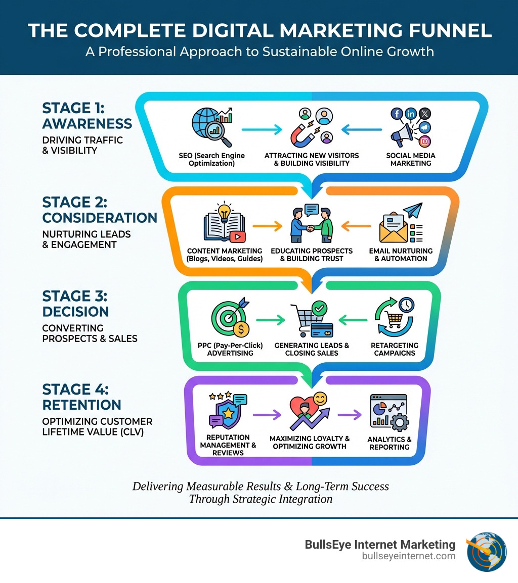 Infographic illustrating the complete digital marketing funnel stages: Awareness, Consideration, Decision, and Retention, emphasizing strategies like SEO, content marketing, PPC advertising, and reputation management for sustainable online growth, branded with BullsEye Internet Marketing logo.