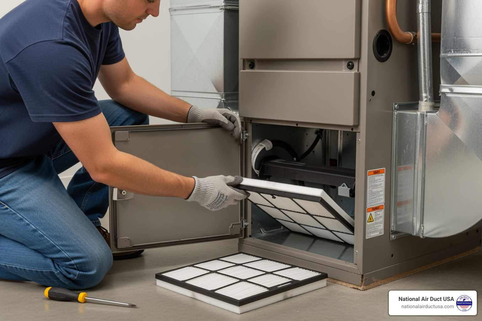 person safely changing an air filter - air duct freshener